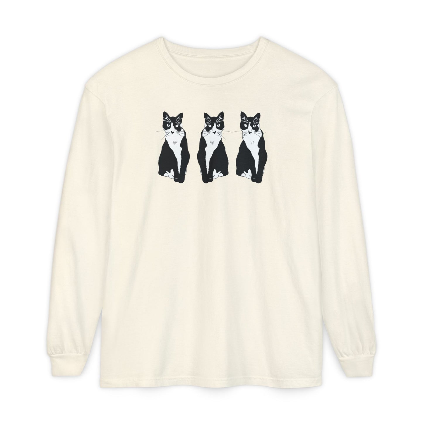Cat x3 Long Sleeve Tee (B&W Style Cat) - Cat Drawing Shirt