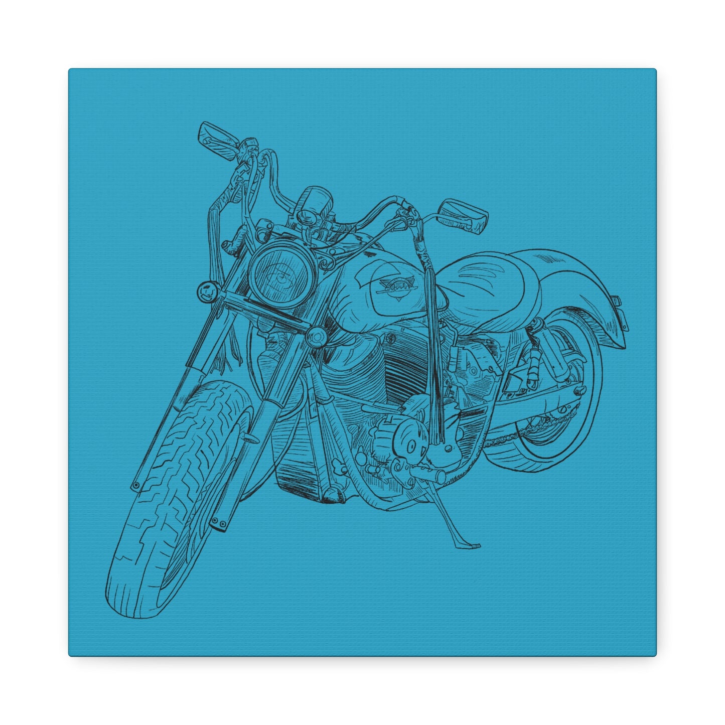 Ride Me Harley Motorcycle Sketch Canvas Print - Black Ink on Turquoise Background