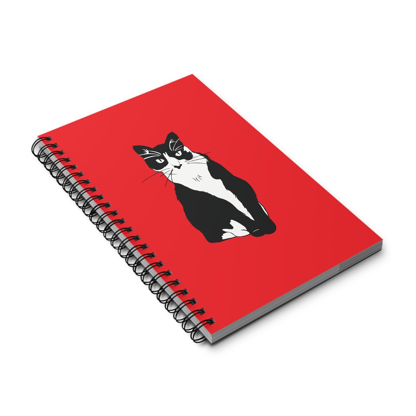 Cat Notebook in Red (B&W Style Cat) - Cat Spiral Notebook