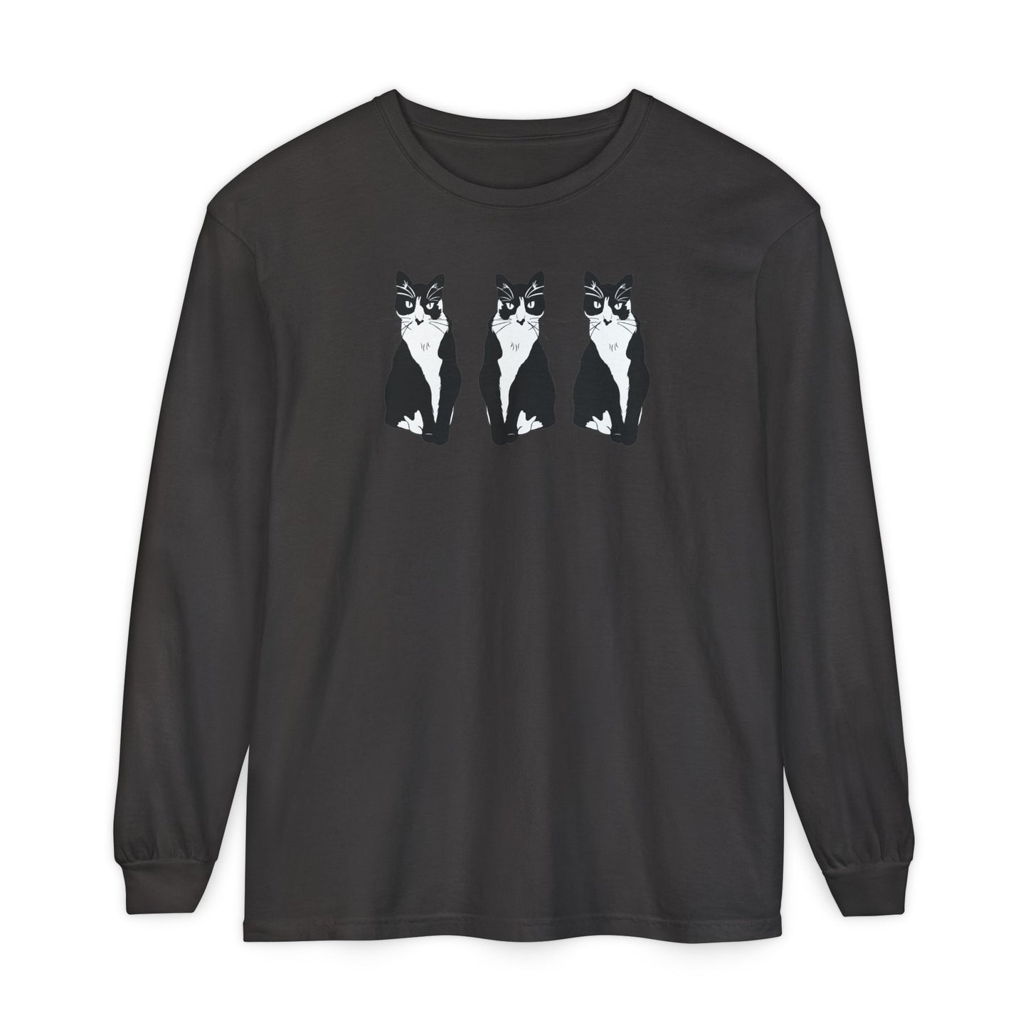 Cat x3 Long Sleeve Tee (B&W Style Cat) - Cat Drawing Shirt