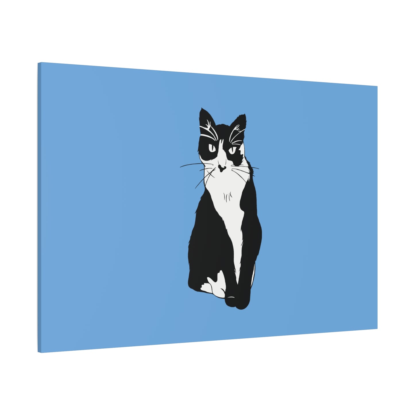 Cat Canvas on Light Blue (B&W Style Cat) - Cat Drawing Art