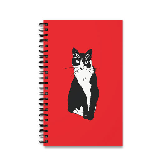 Cat Notebook in Red (B&W Style Cat) - Cat Spiral Notebook