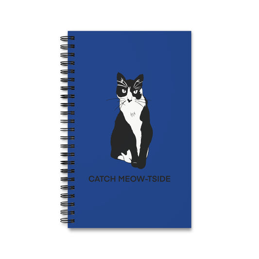 Catch Meow-tside Notebook in Blue (B&W Style Cat) - Cat Spiral Notebook