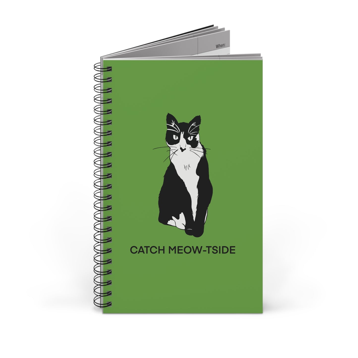 Catch Meow-tside Notebook in Green (B&W Style Cat) - Cat Spiral Notebook