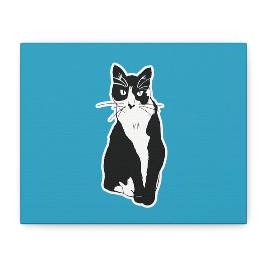 Cat Canvas Print on Turquoise (Sticker Style Cat) - Cat Drawing Art