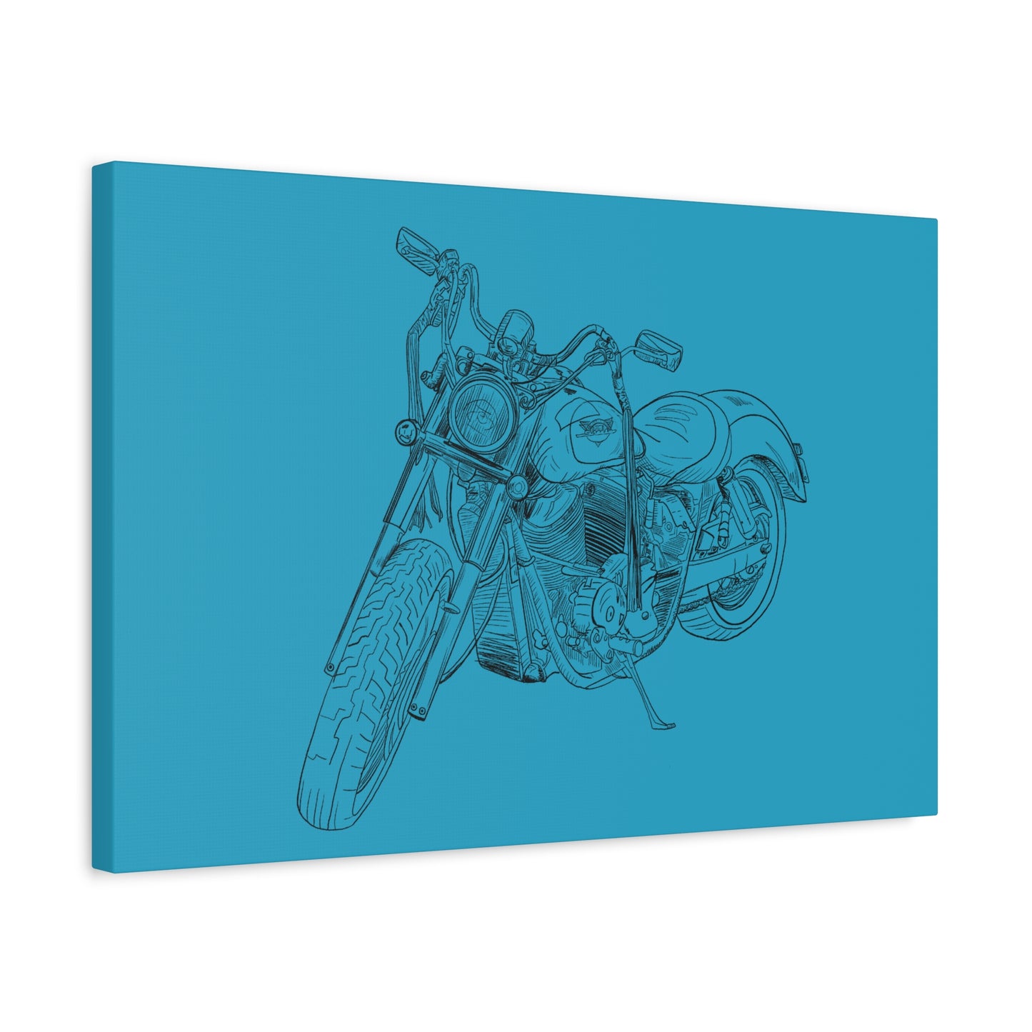 Ride Me Harley Motorcycle Sketch Canvas Print - Black Ink on Turquoise Background
