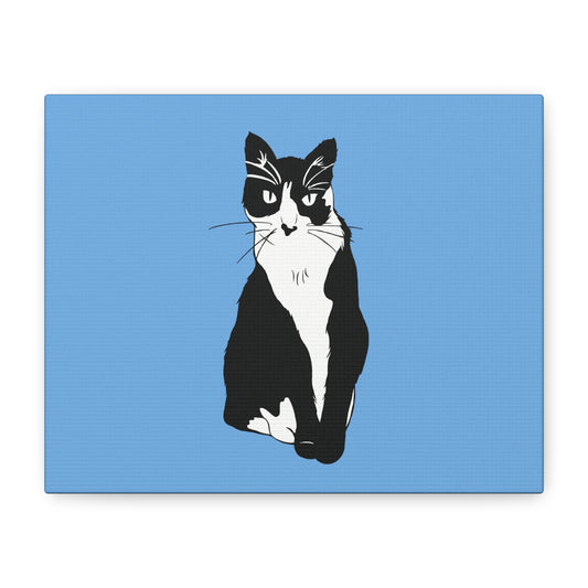 Cat Canvas on Light Blue (B&W Style Cat) - Cat Drawing Art