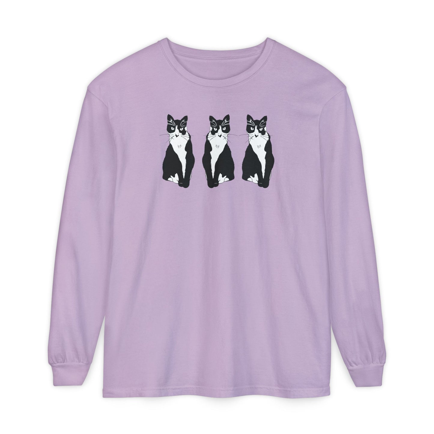 Cat x3 Long Sleeve Tee (B&W Style Cat) - Cat Drawing Shirt