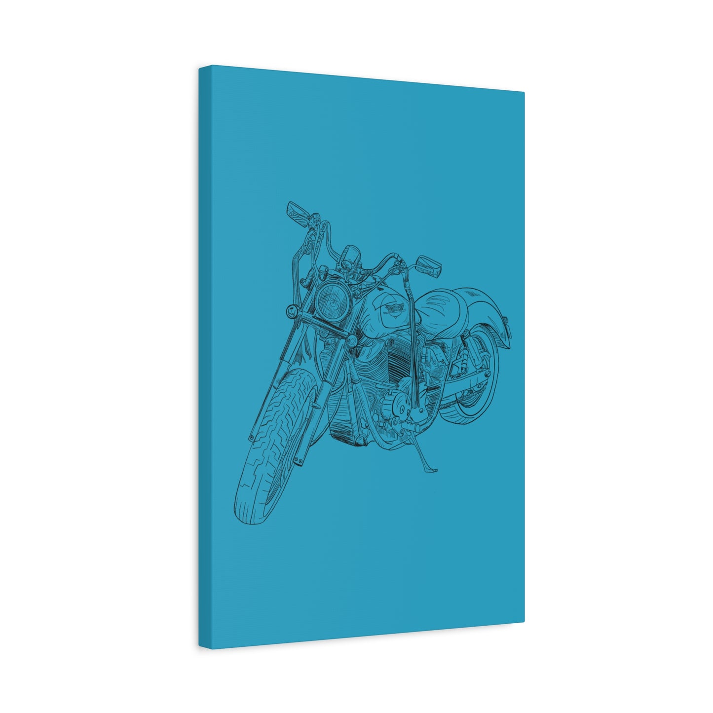Ride Me Harley Motorcycle Sketch Canvas Print - Black Ink on Turquoise Background
