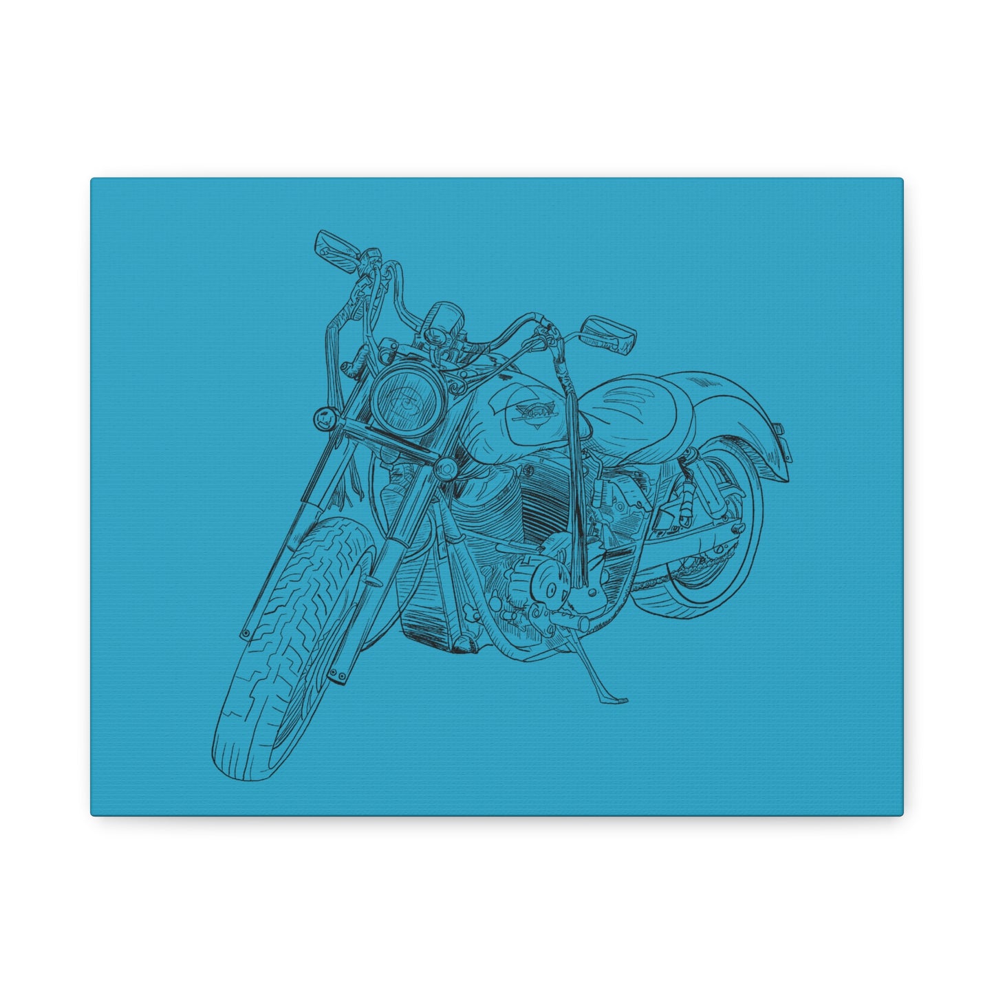 Ride Me Harley Motorcycle Sketch Canvas Print - Black Ink on Turquoise Background