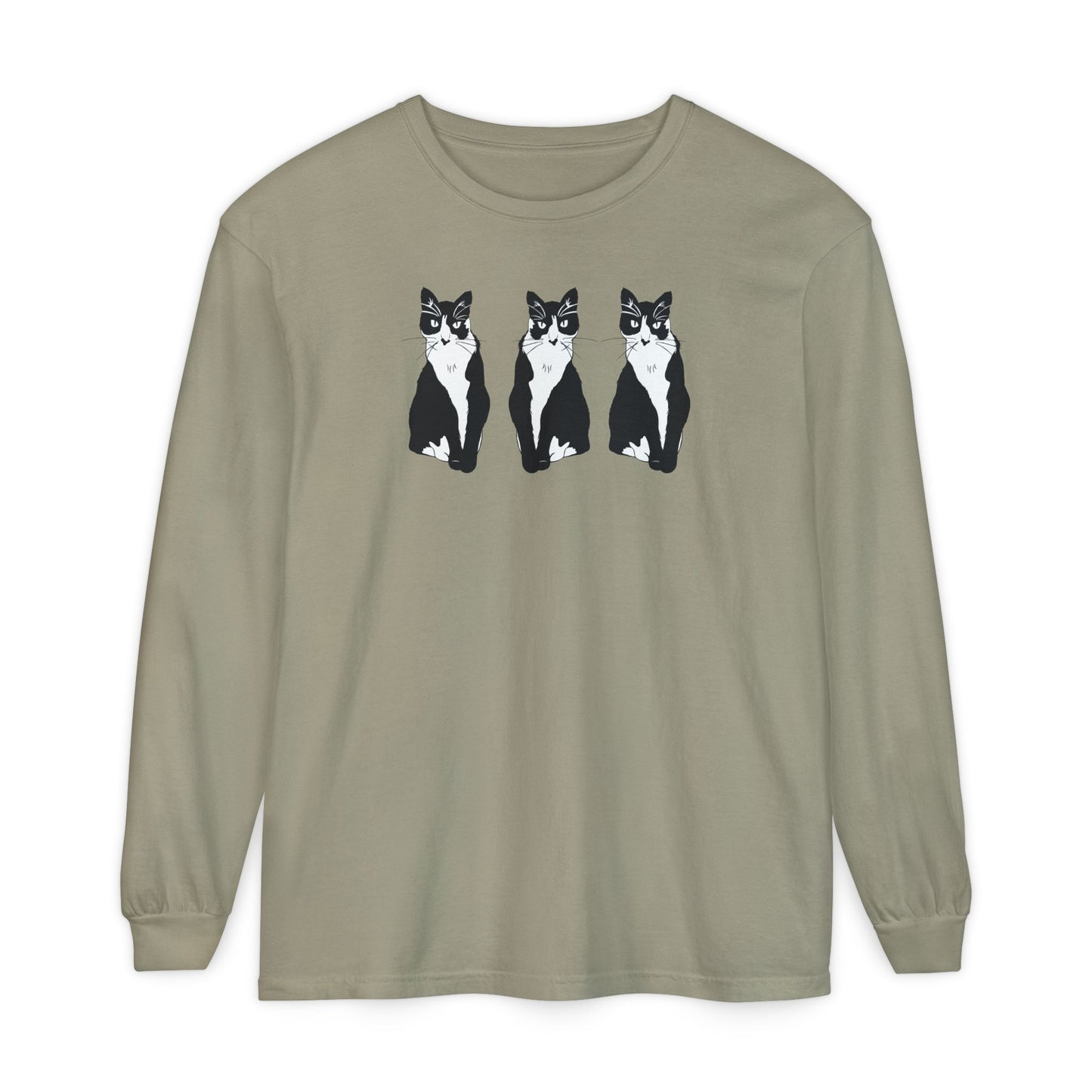 Cat x3 Long Sleeve Tee (B&W Style Cat) - Cat Drawing Shirt
