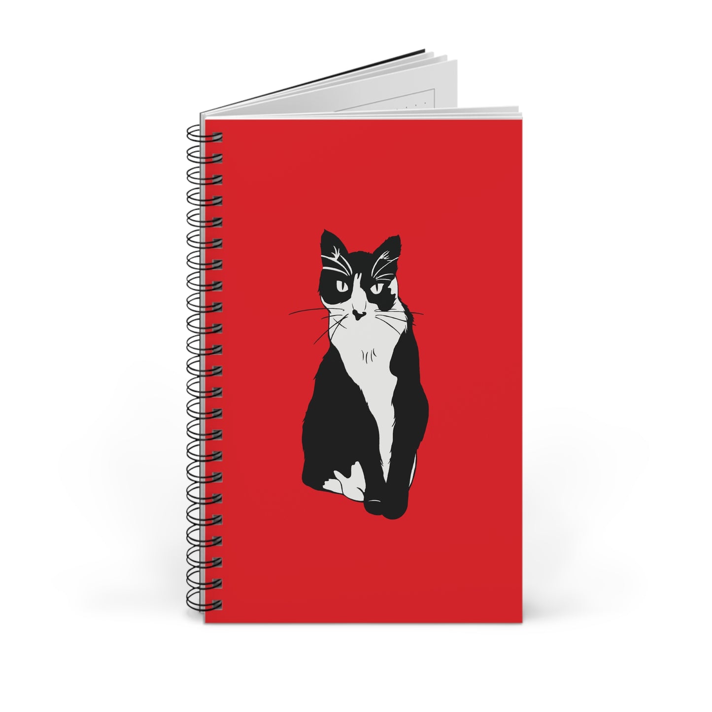 Cat Notebook in Red (B&W Style Cat) - Cat Spiral Notebook