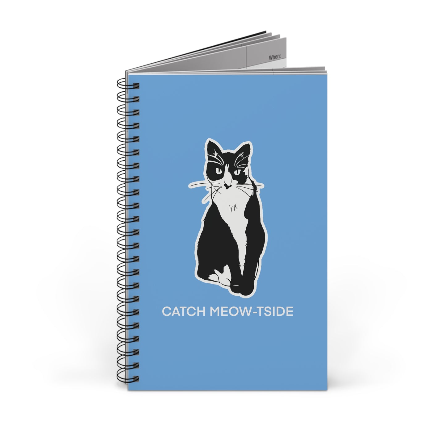 Catch Meow-tside Notebook in Light Blue (Sticker Style Cat with White Writing) - Cat Spiral Notebook