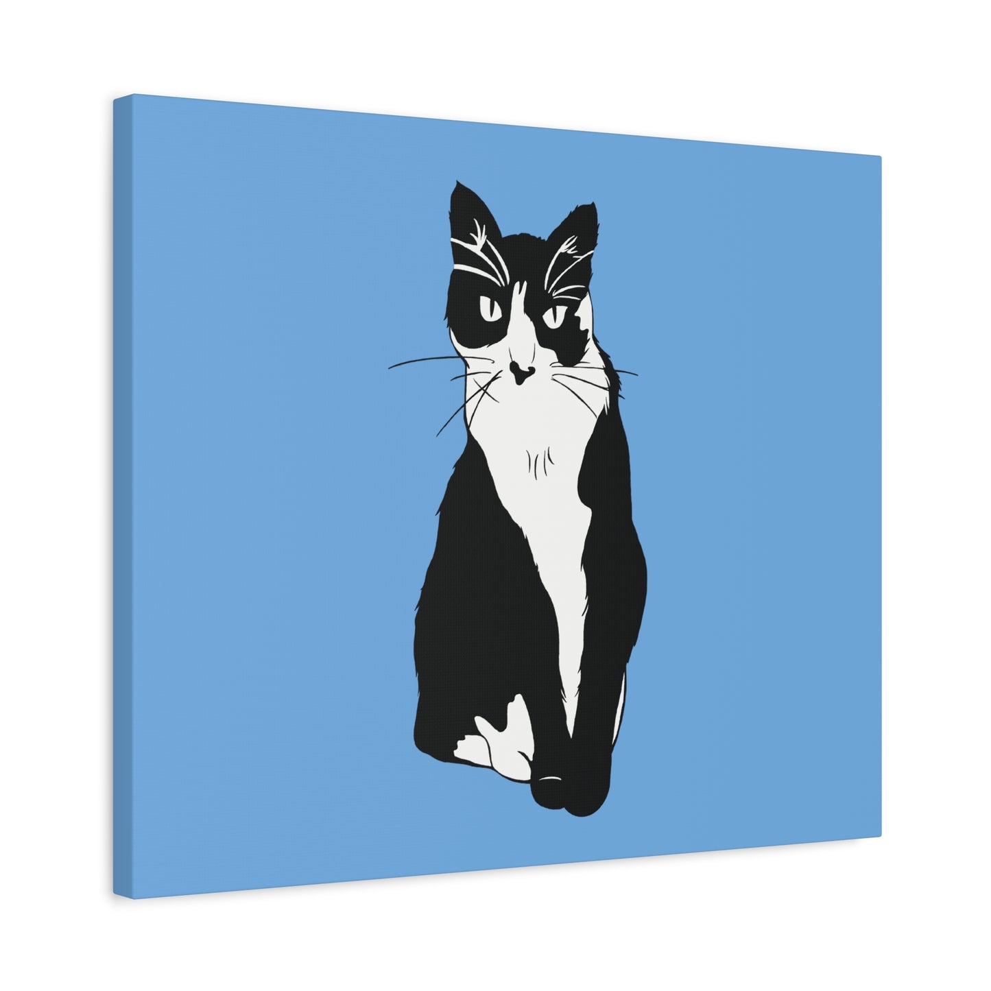 Cat Canvas on Light Blue (B&W Style Cat) - Cat Drawing Art