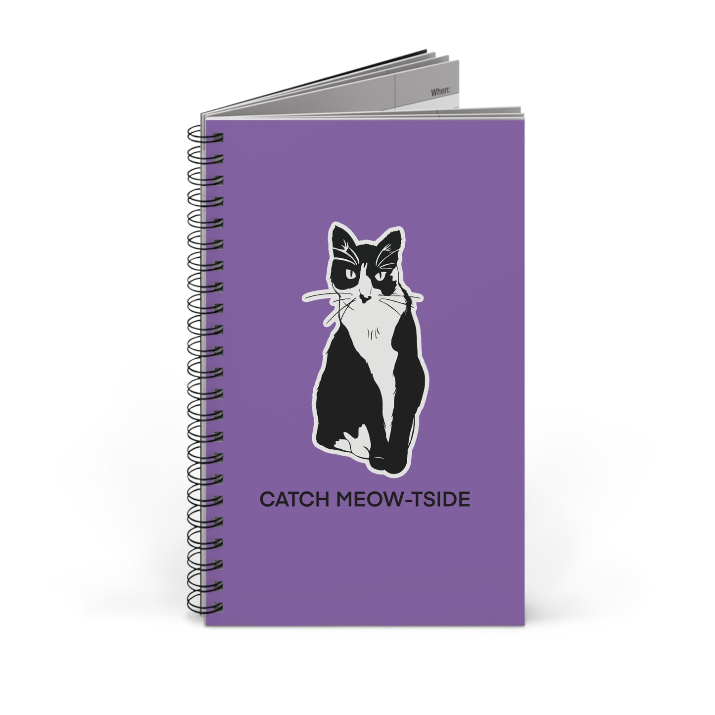 Catch Meow-tside Notebook in Light Purple (Sticker Style Cat with Black Writing) - Cat Spiral Notebook
