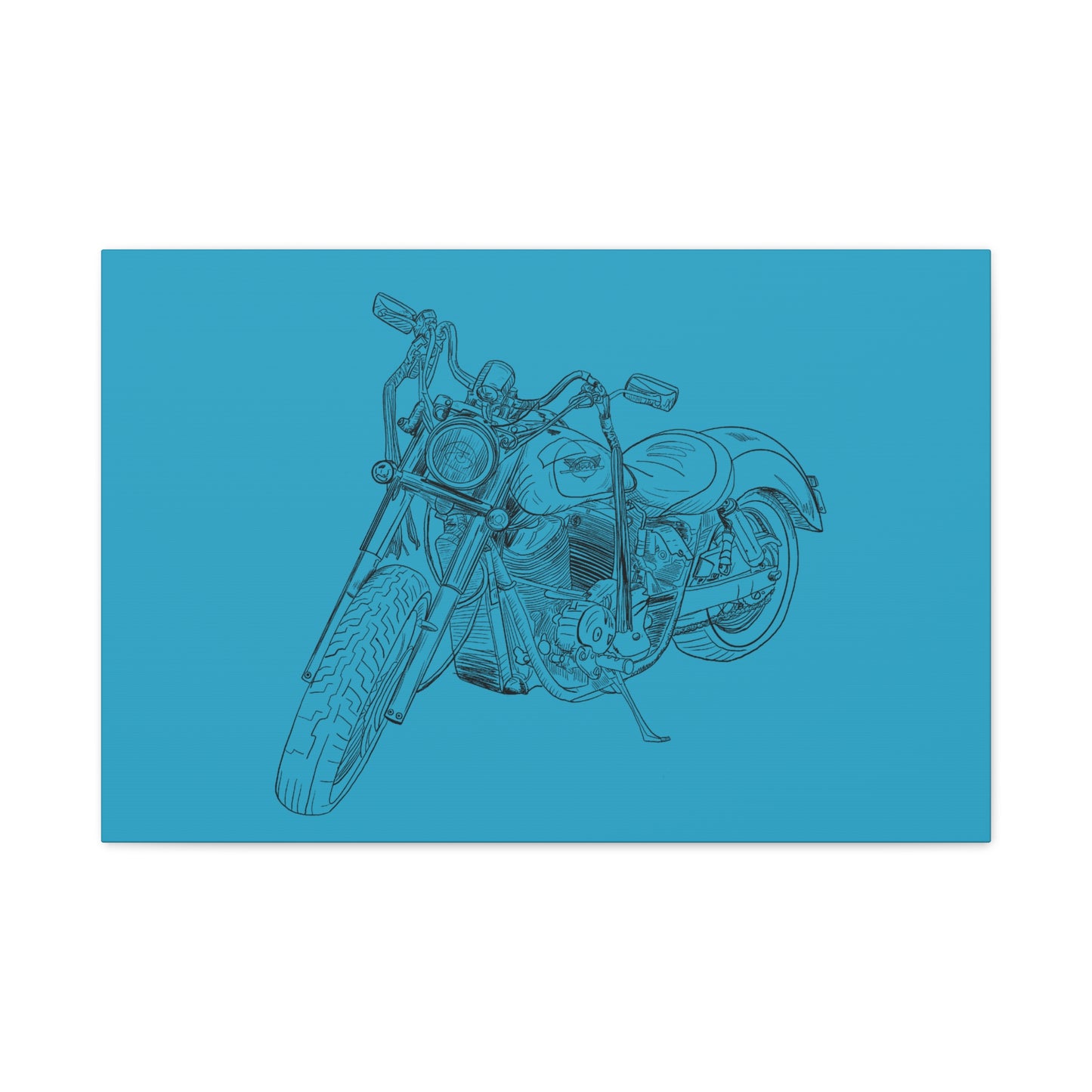 Ride Me Harley Motorcycle Sketch Canvas Print - Black Ink on Turquoise Background
