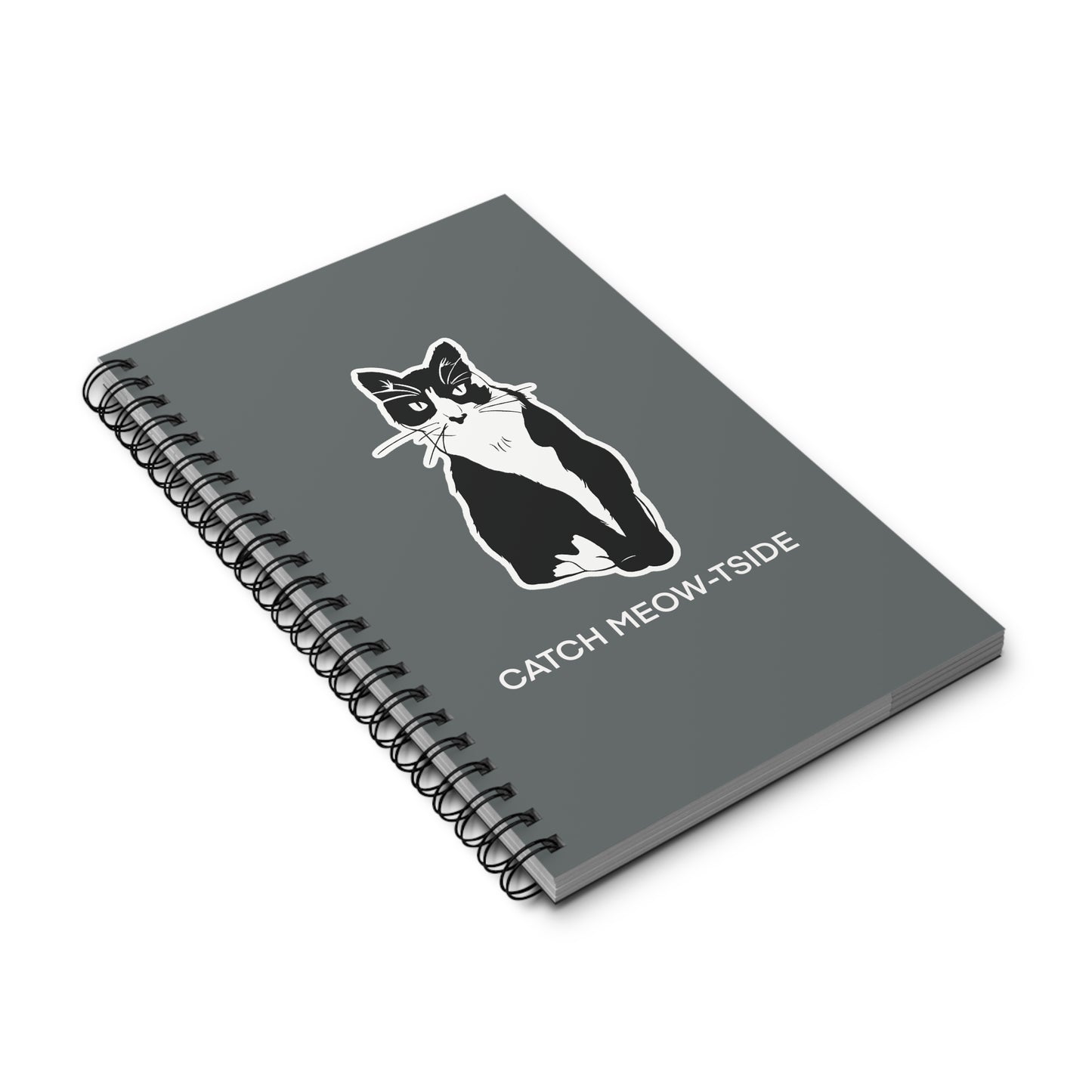 Catch Meow-tside Notebook in Dark Grey (Sticker Style Cat White Writing) - Cat Spiral Notebook