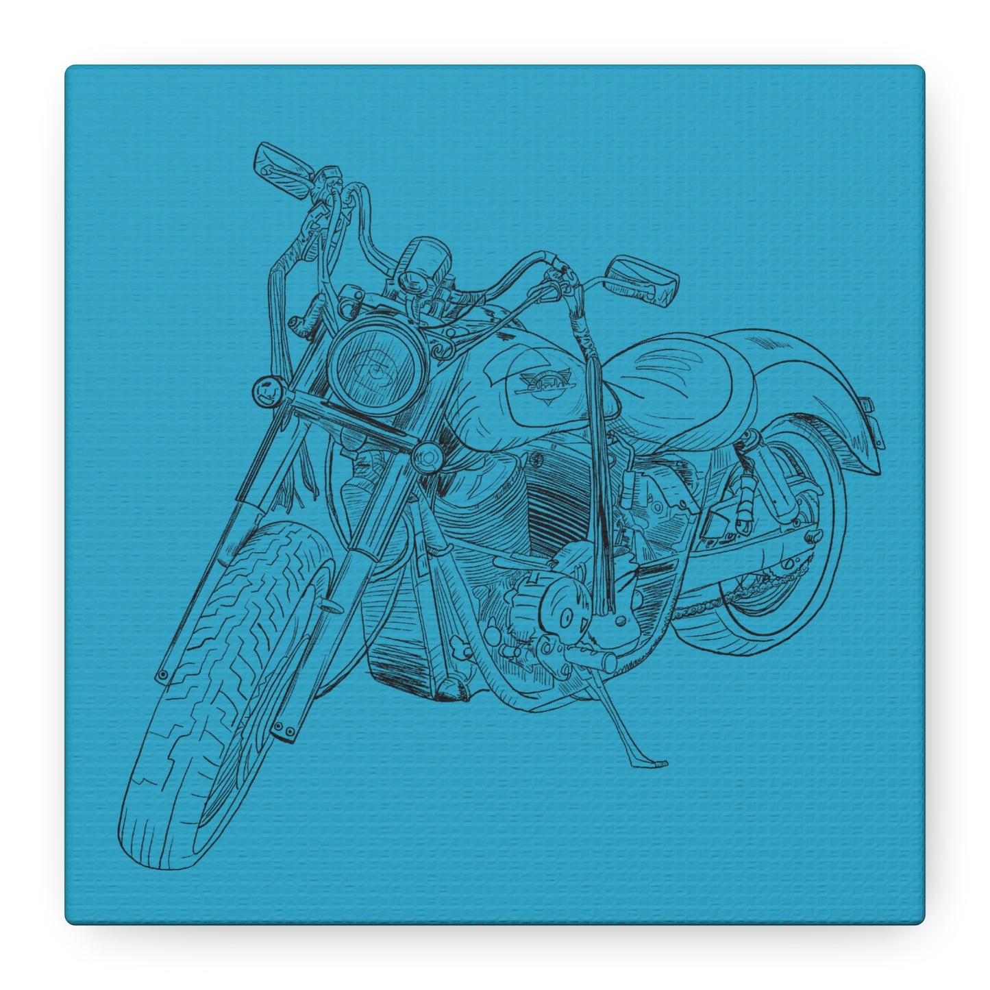Ride Me Harley Motorcycle Sketch Canvas Print - Black Ink on Turquoise Background