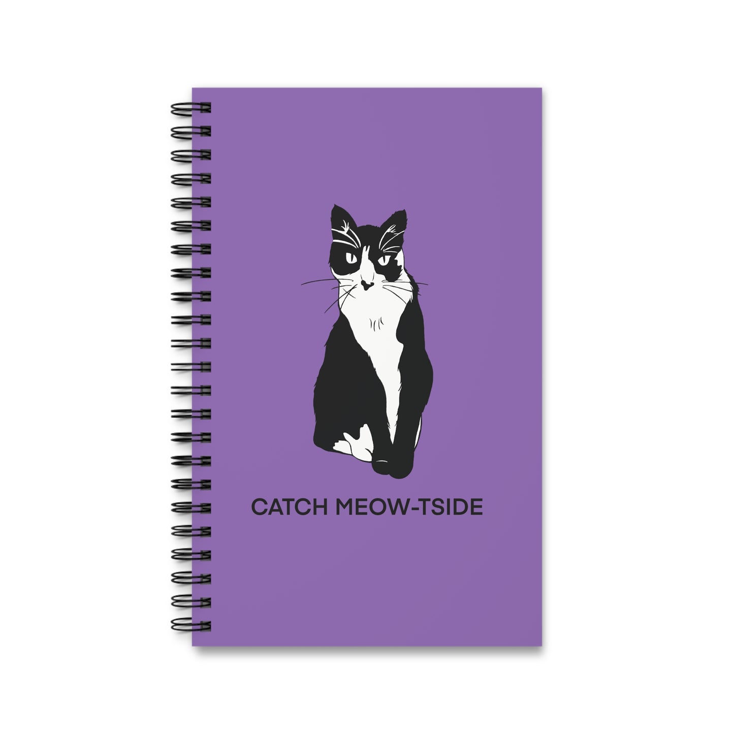 Catch Meow-tside Notebook in Light Purple (B&W Style Cat) - Cat Spiral Notebook