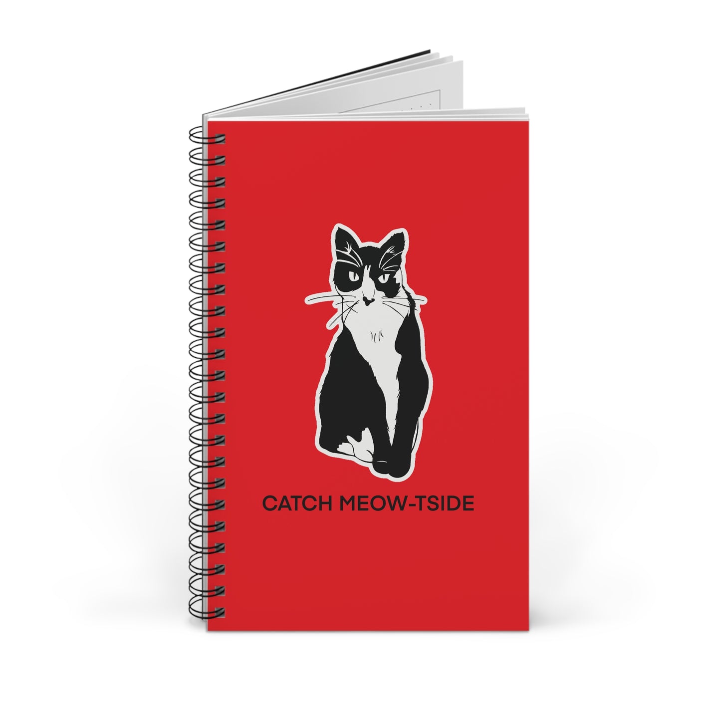 Catch Meow-tside Notebook in Red (Sticker Style Cat with Black Writing) - Cat Spiral Notebook