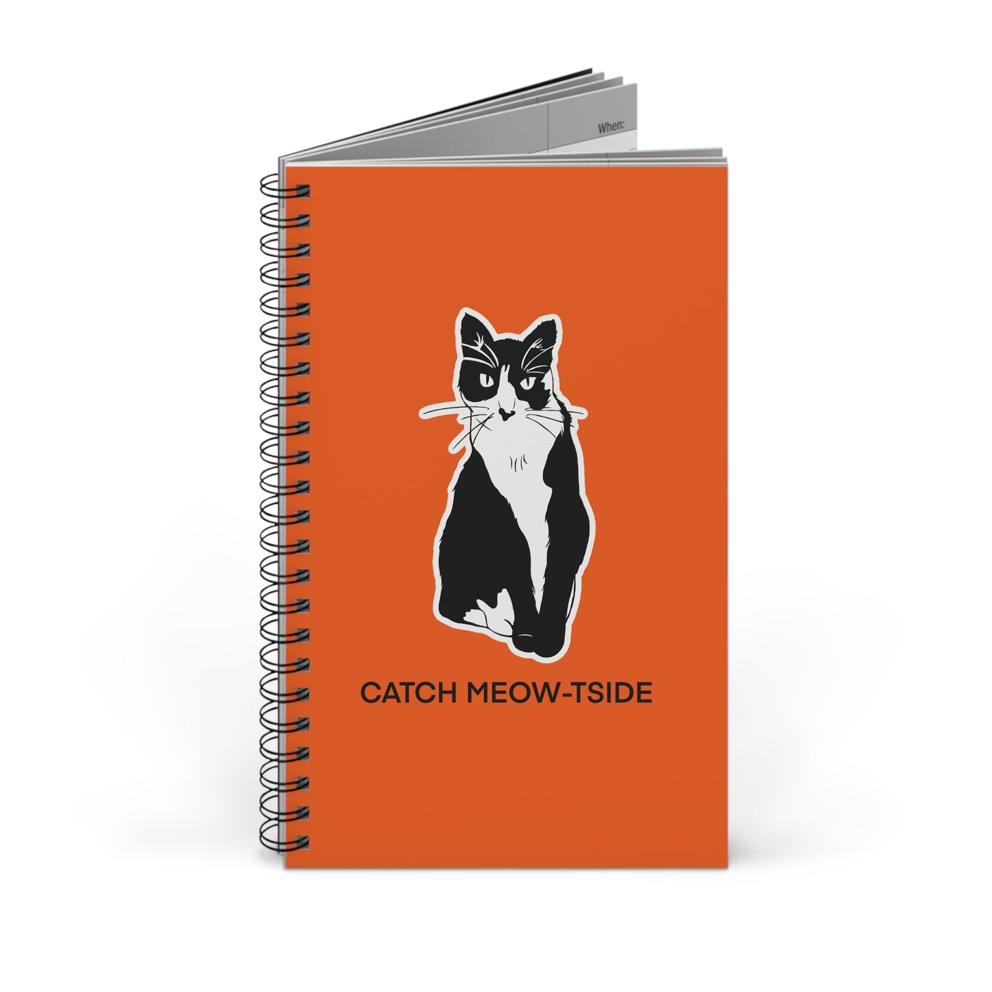 Catch Meow-tside Notebook in Orange (Sticker Style Cat with Black Writing) - Cat Spiral Notebook