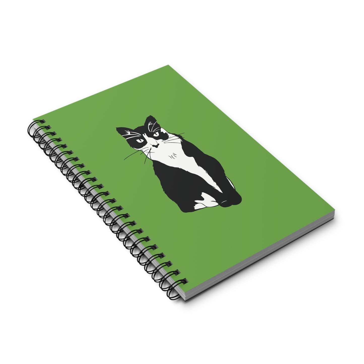Cat Notebook on Green (B&W Style Cat) - Cat Spiral Notebook
