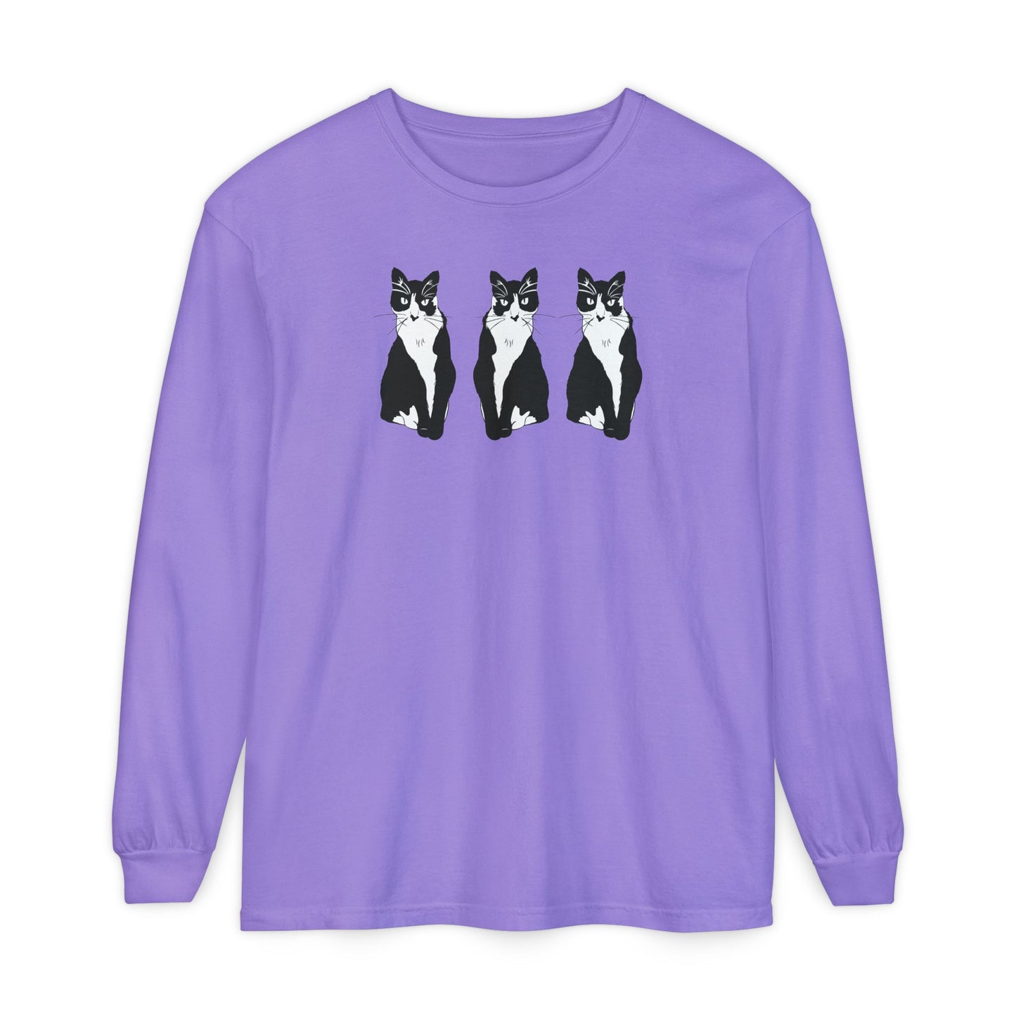Cat x3 Long Sleeve Tee (B&W Style Cat) - Cat Drawing Shirt