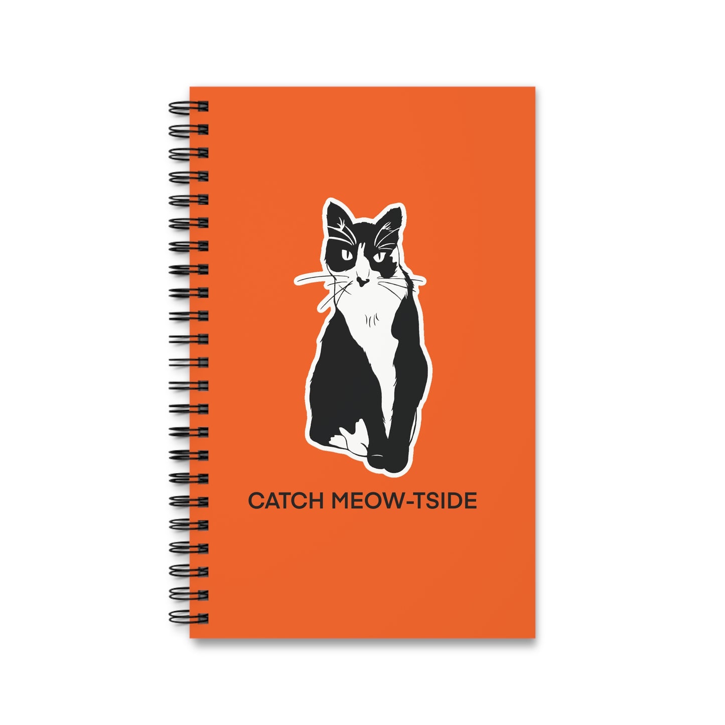 Catch Meow-tside Notebook in Orange (Sticker Style Cat with Black Writing) - Cat Spiral Notebook