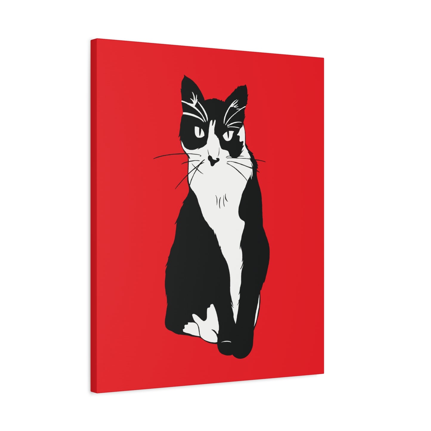 Cat Canvas on Red (B&W Style Cat) - Cat Drawing Art