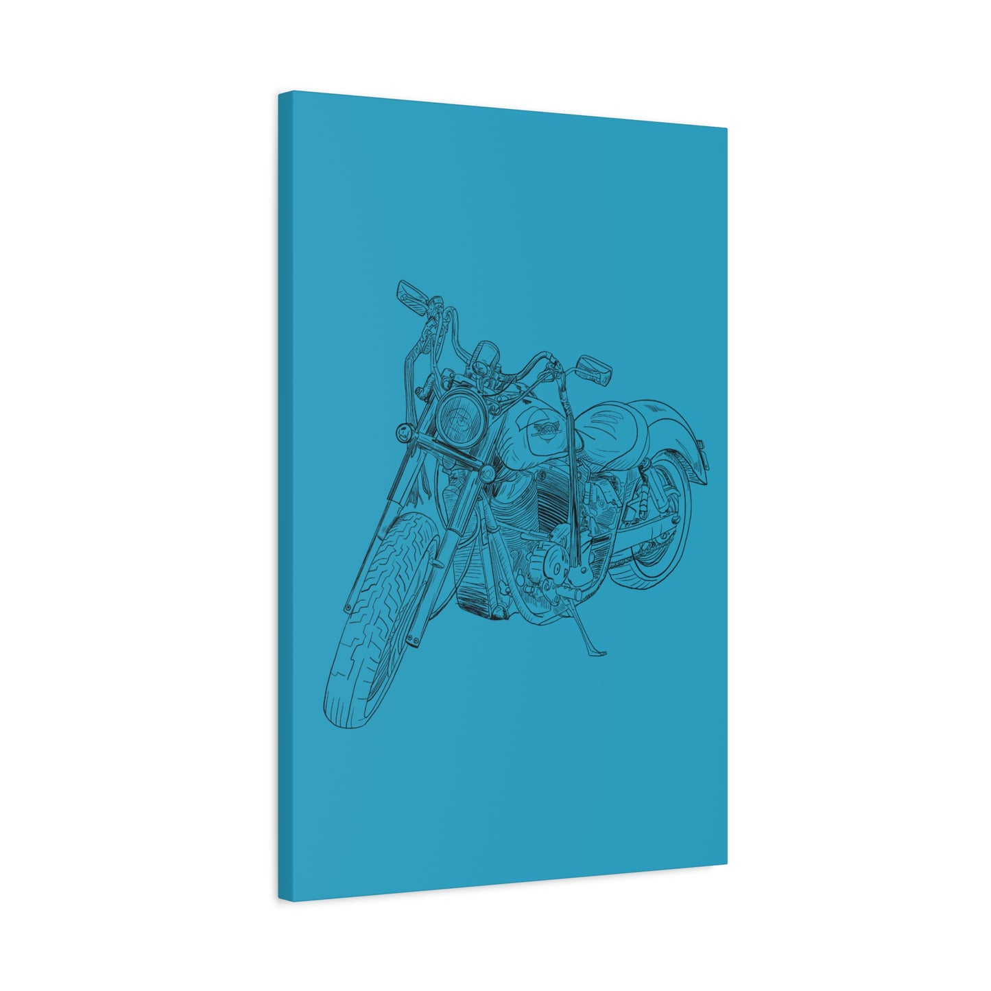 Ride Me Harley Motorcycle Sketch Canvas Print - Black Ink on Turquoise Background