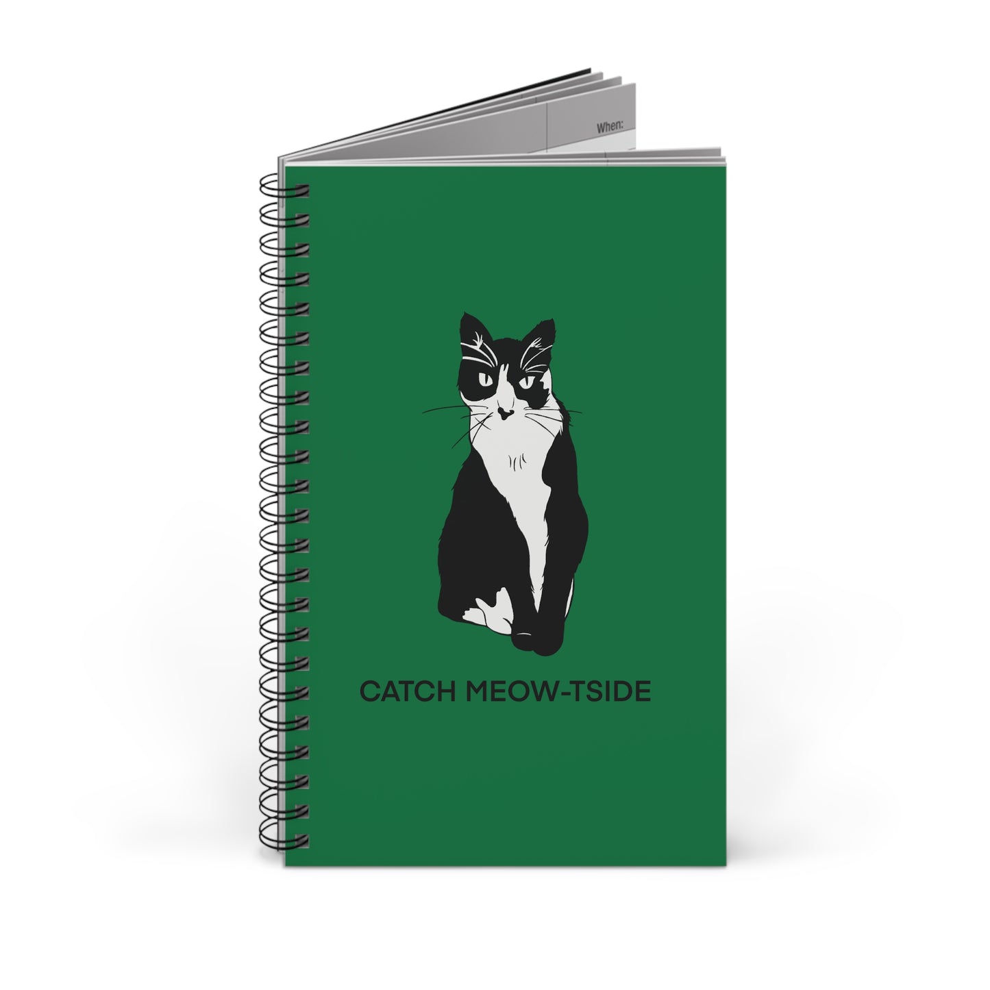 Catch Meow-tside Notebook in Dark Green (B&W Style Cat) - Cat Spiral Notebook