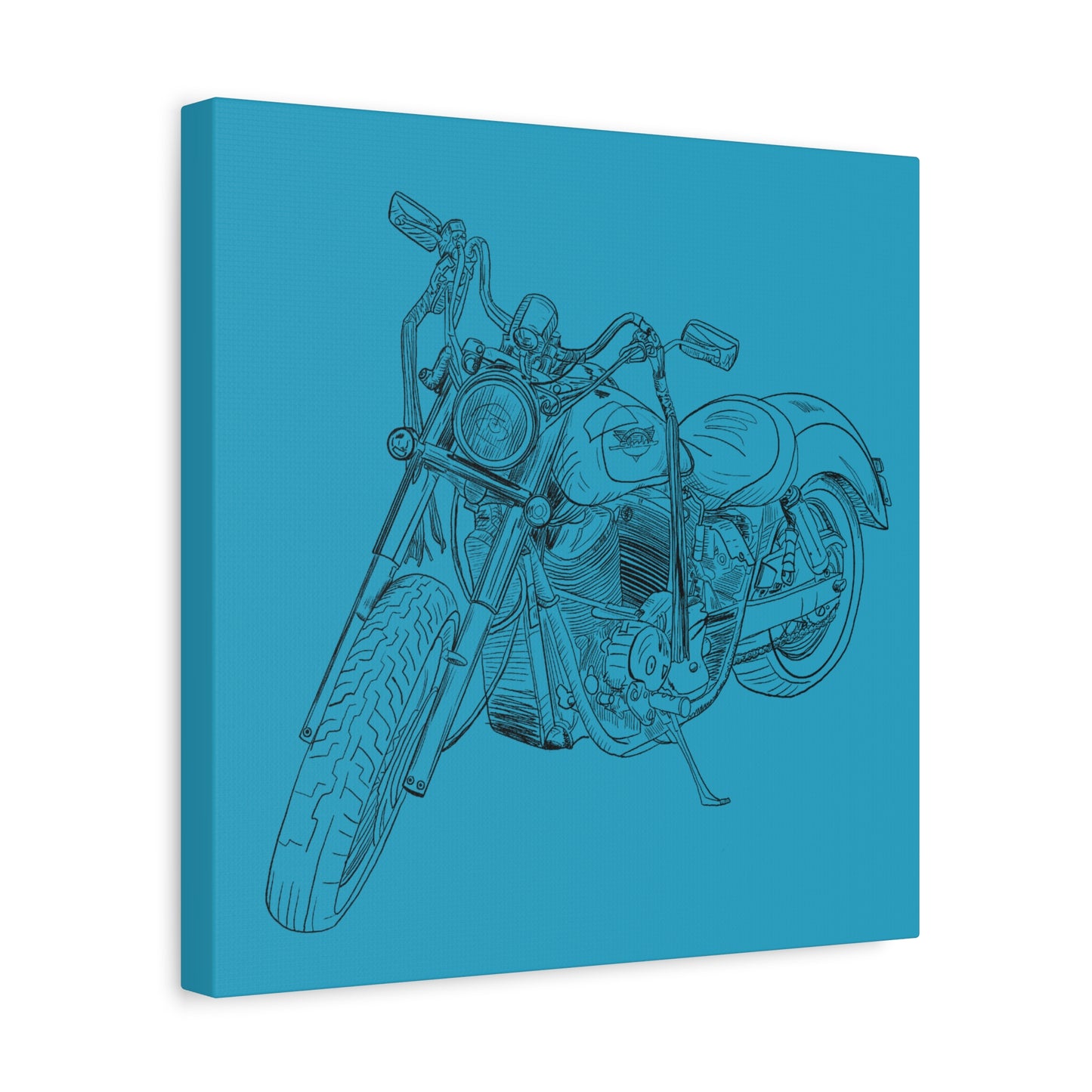 Ride Me Harley Motorcycle Sketch Canvas Print - Black Ink on Turquoise Background