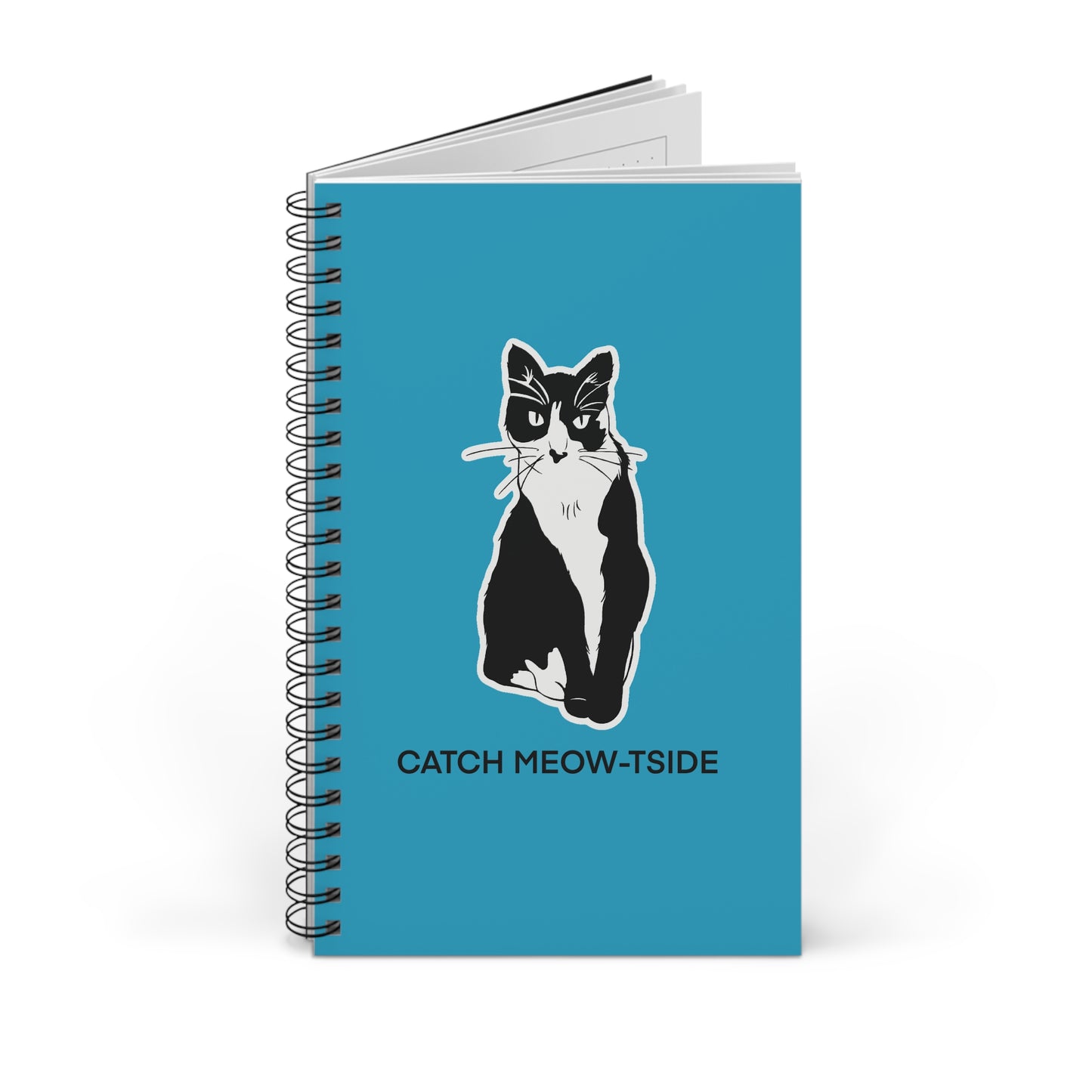 Catch Meow-tside Notebook in Turquoise (Sticker Style Cat with Black Writing) - Cat Spiral Notebook