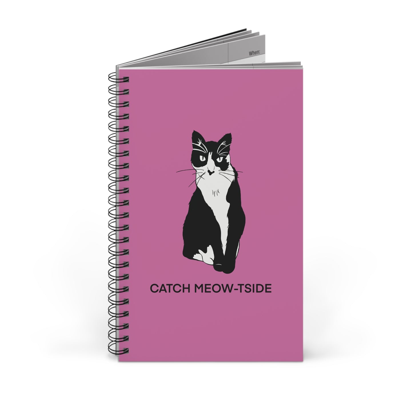 Catch Meow-tside Notebook in Light Pink (B&W Style Cat) - Cat Spiral Notebook