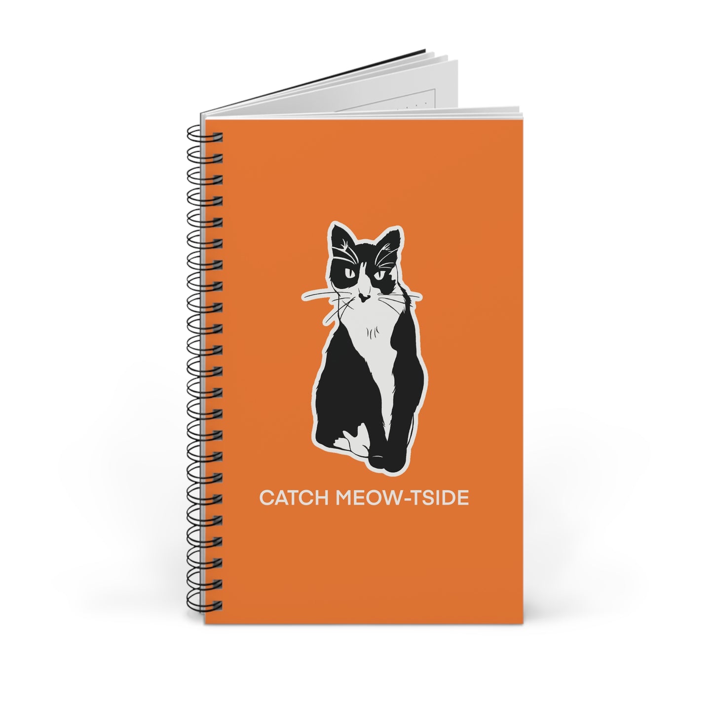 Catch Meow-tside Notebook in Light Orange (Sticker Style Cat with White Writing) - Cat Spiral Notebook