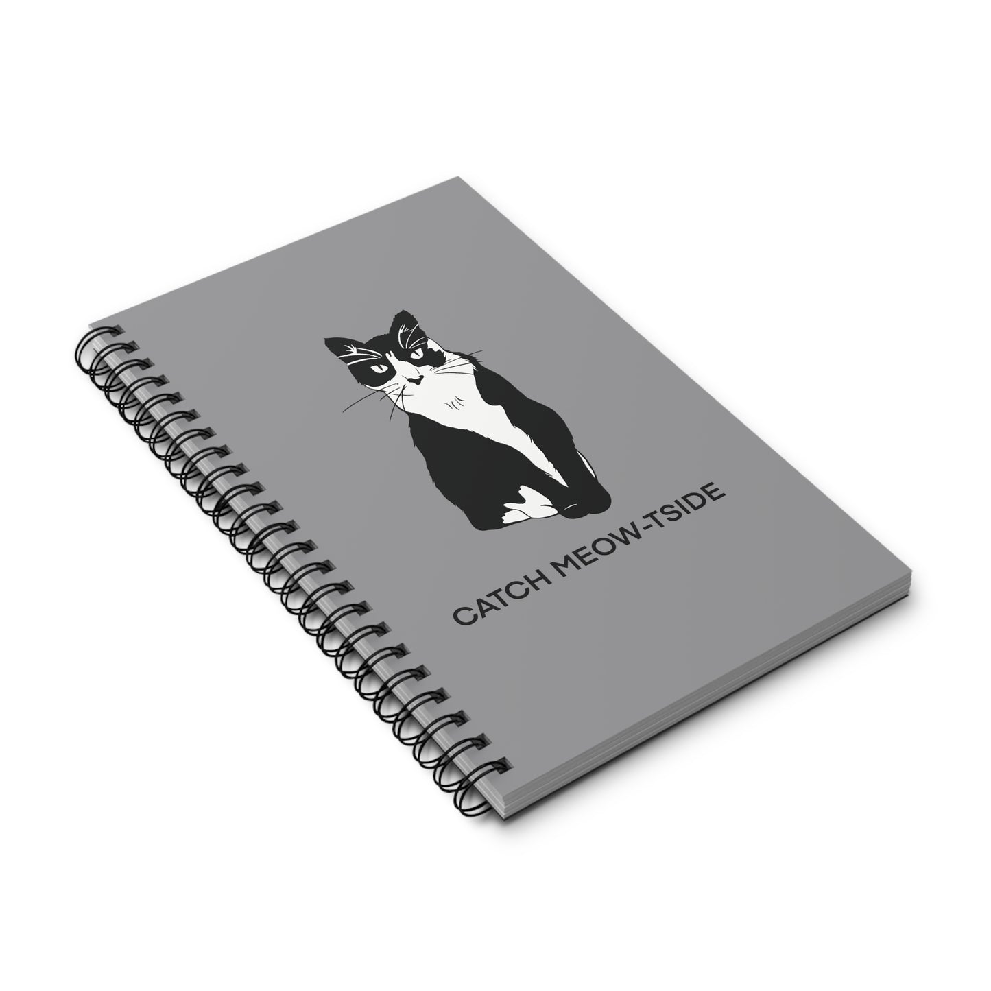Catch Meow-tside Notebook in Grey (B&W Style Cat) - Cat Spiral Notebook