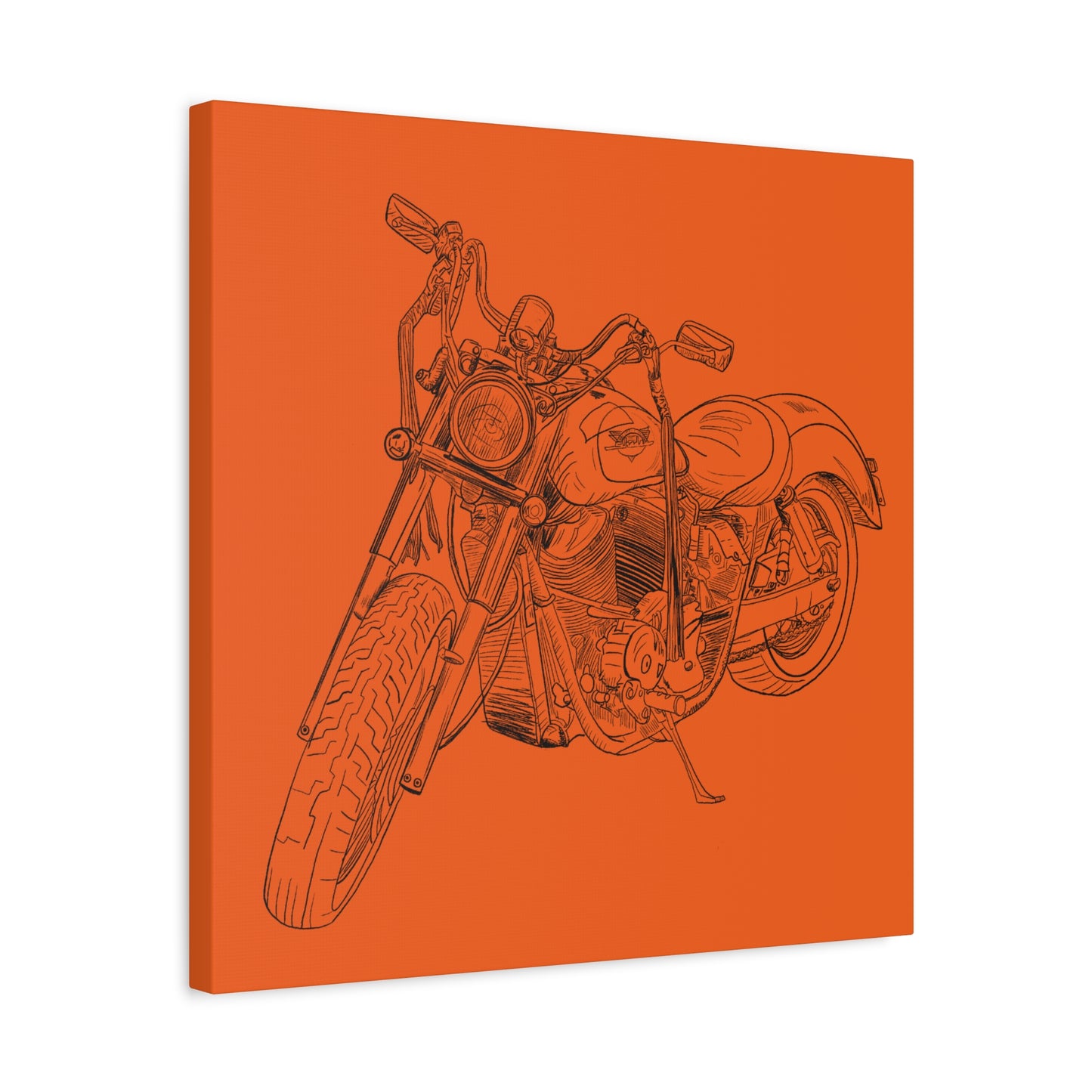 Harley Motorcycle Sketch Canvas Print - Black Ink on Orange Background