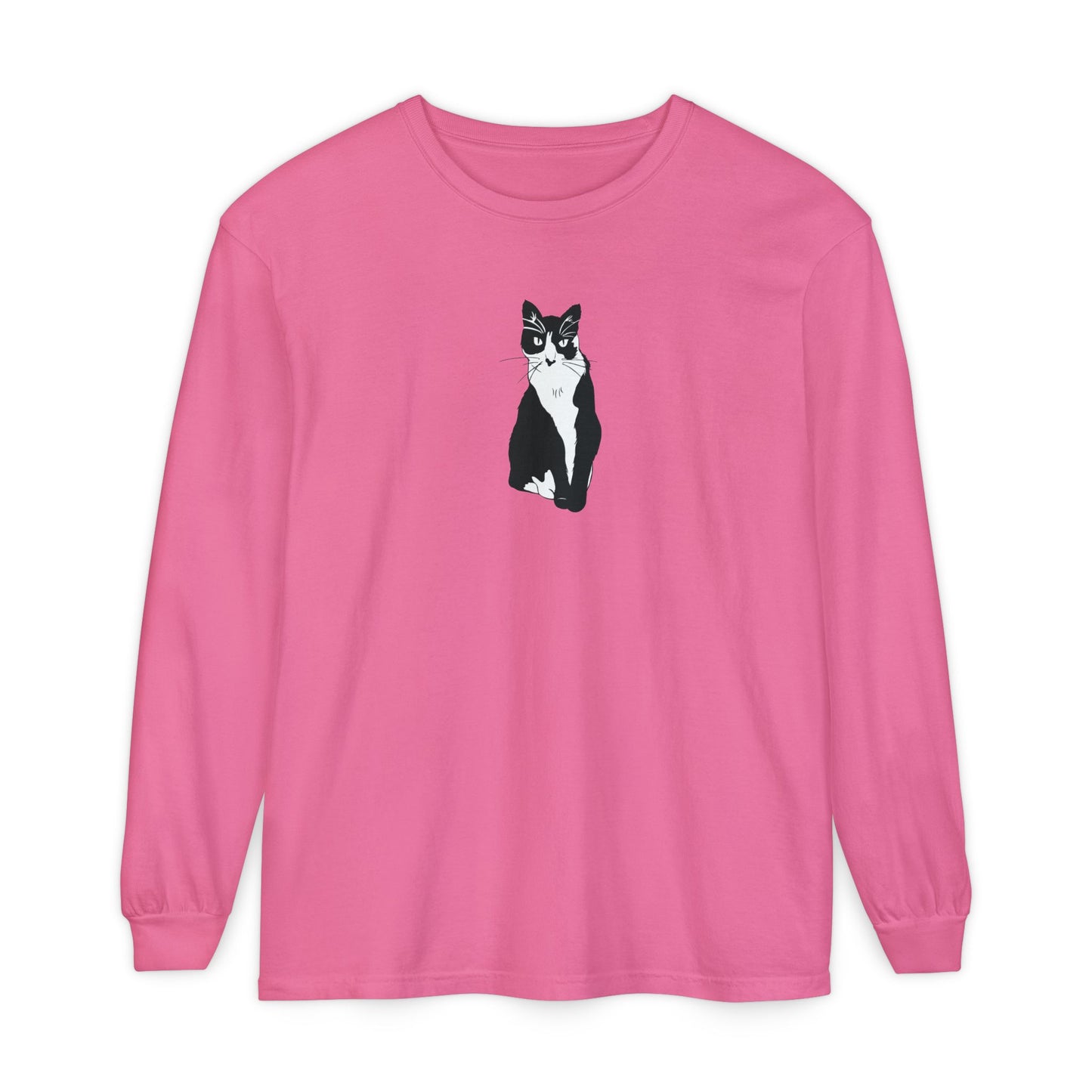 Cat Long Sleeve Tee (B&W Style Cat) - Cat Drawing Shirt