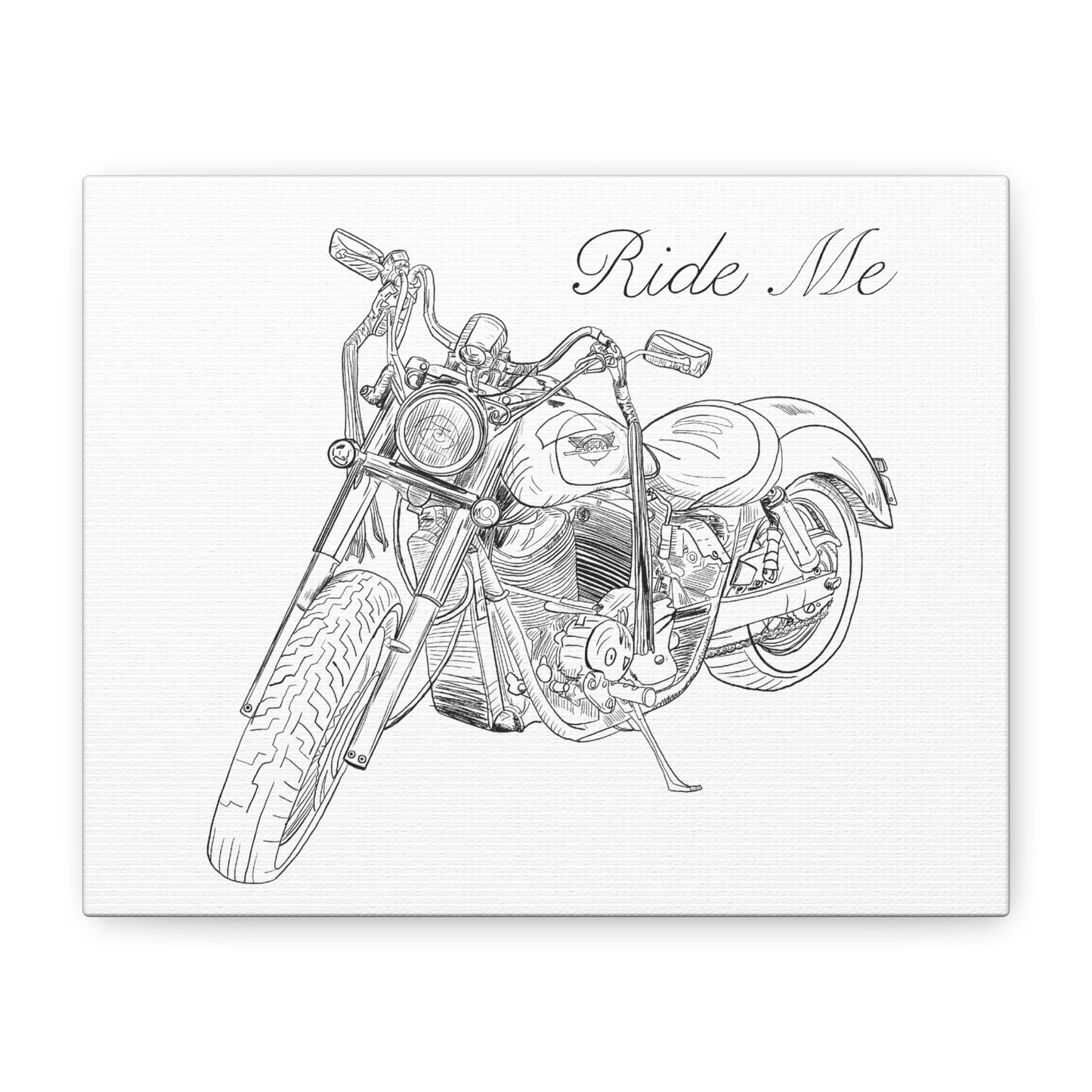 Ride Me Harley Motorcycle Sketch Canvas Print - Black Ink on White Background