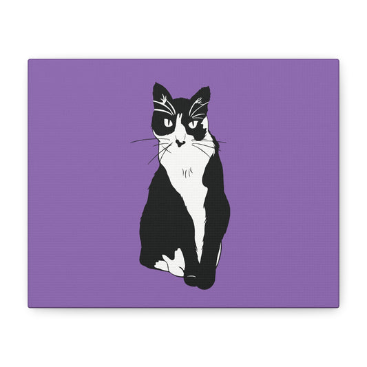 Cat Canvas on Light Purple (B&W Style Cat) - Cat Drawing Art