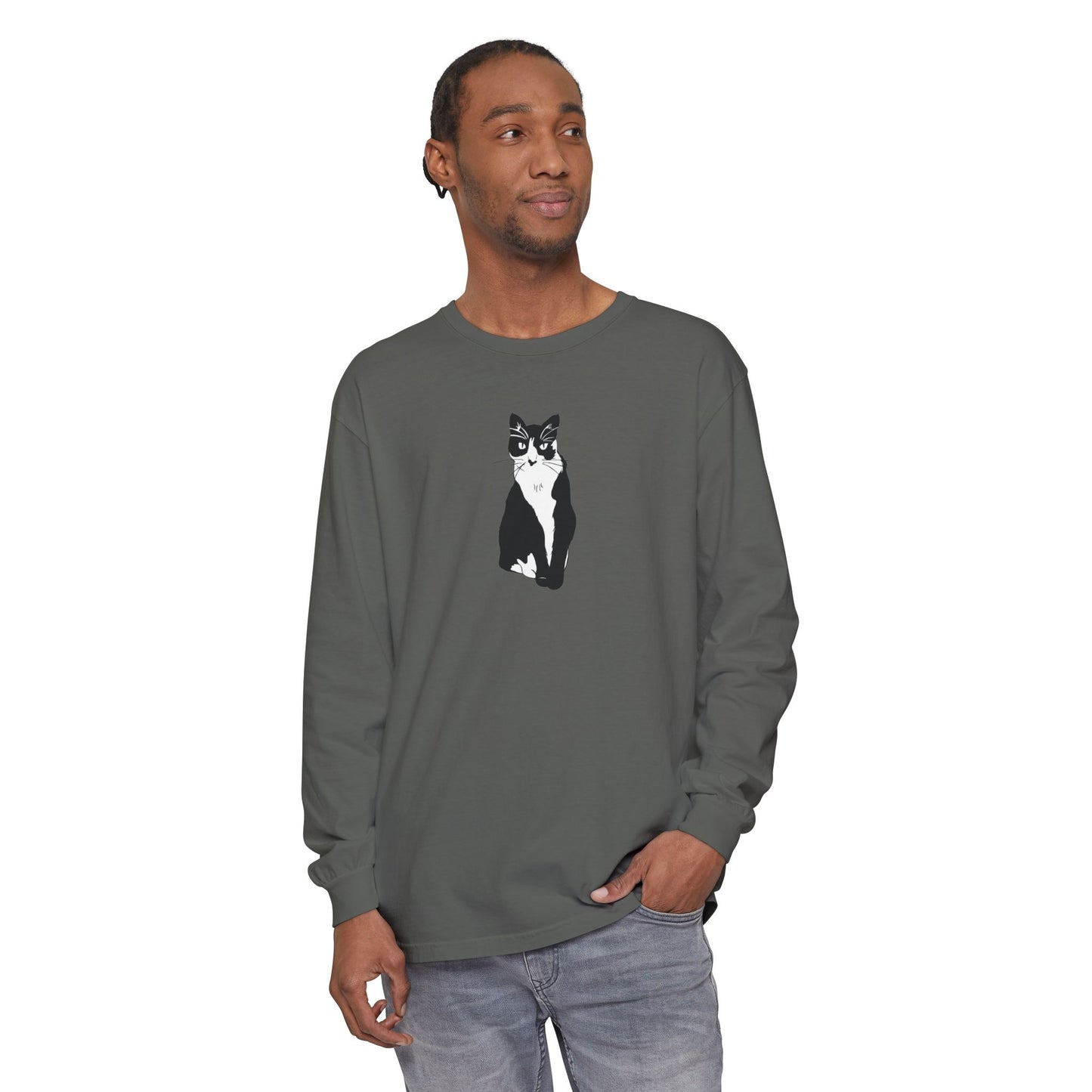Cat Long Sleeve Tee (B&W Style Cat) - Cat Drawing Shirt