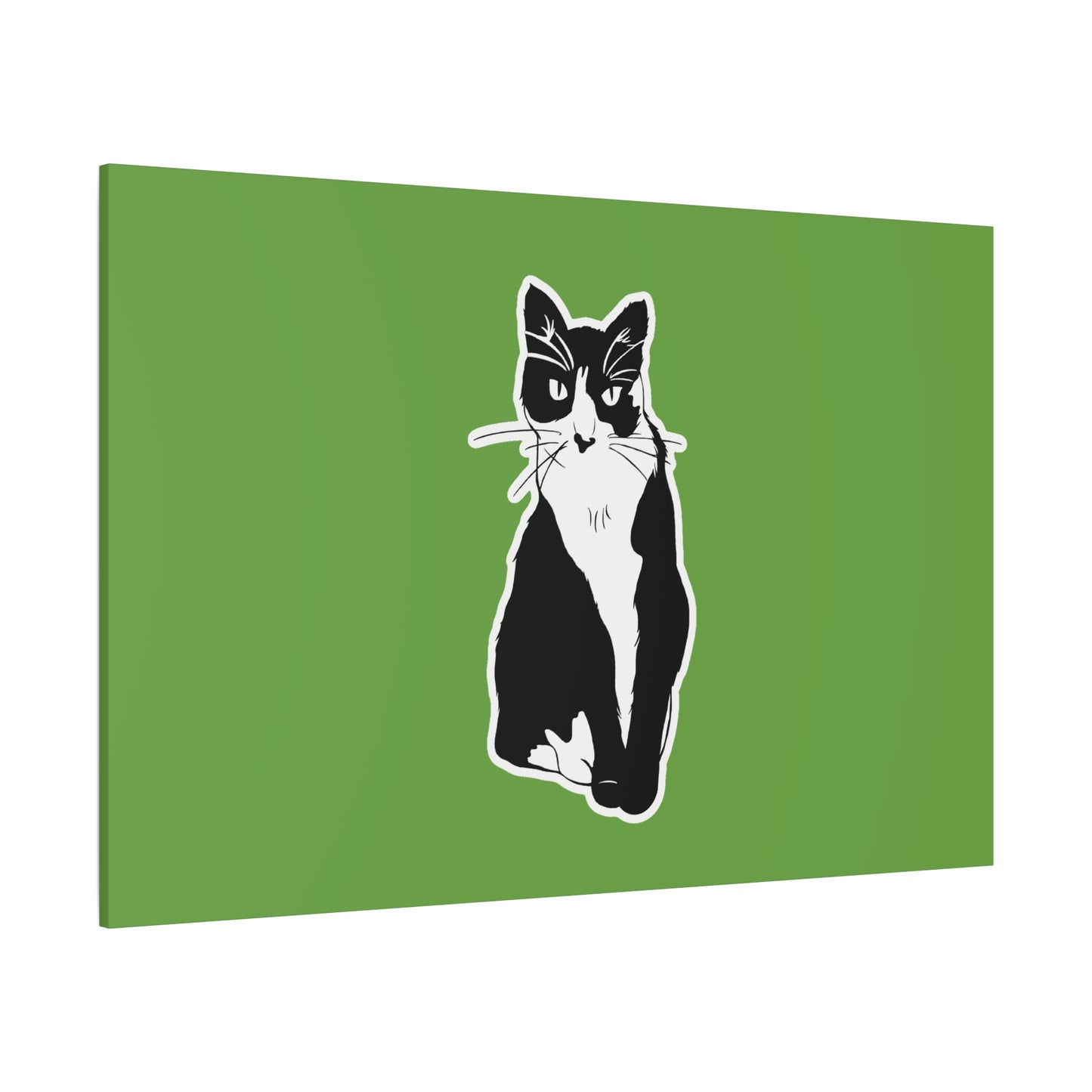 Cat Canvas Print on Green (B&W Style Cat) - Cat Drawing Art