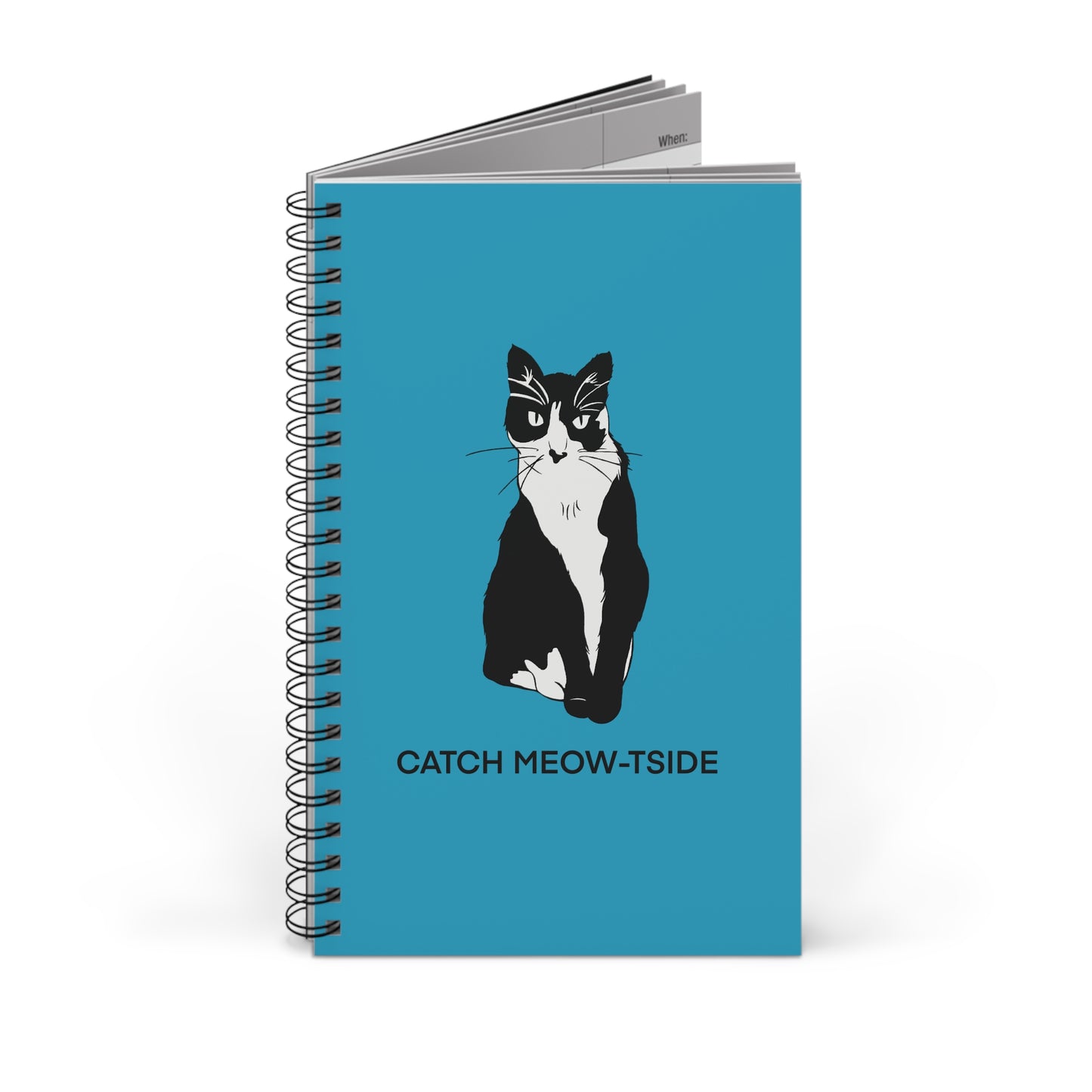 Catch Meow-tside Notebook in Turquoise (B&W Style Cat) - Cat Spiral Notebook