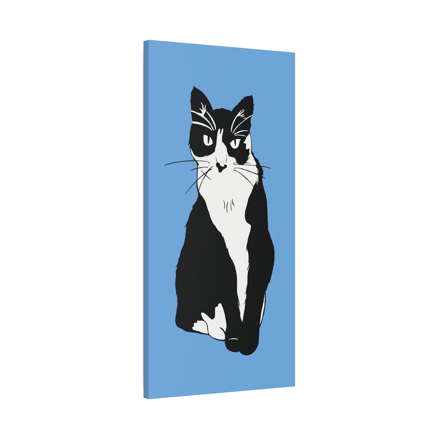 Cat Canvas on Light Blue (B&W Style Cat) - Cat Drawing Art