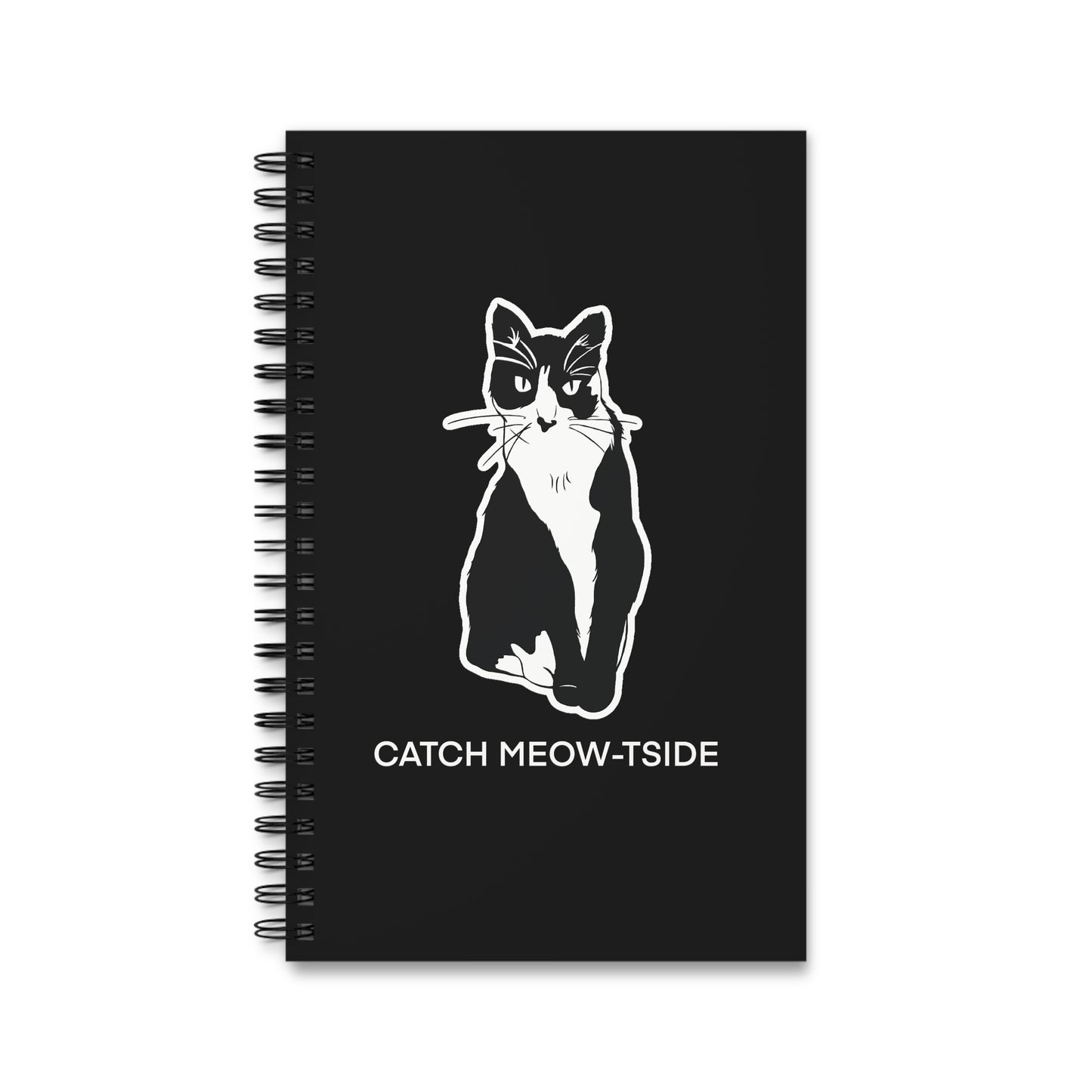 Catch Meow-tside Notebook in Black (Sticker Style Cat with White Writing) - Cat Spiral Notebook