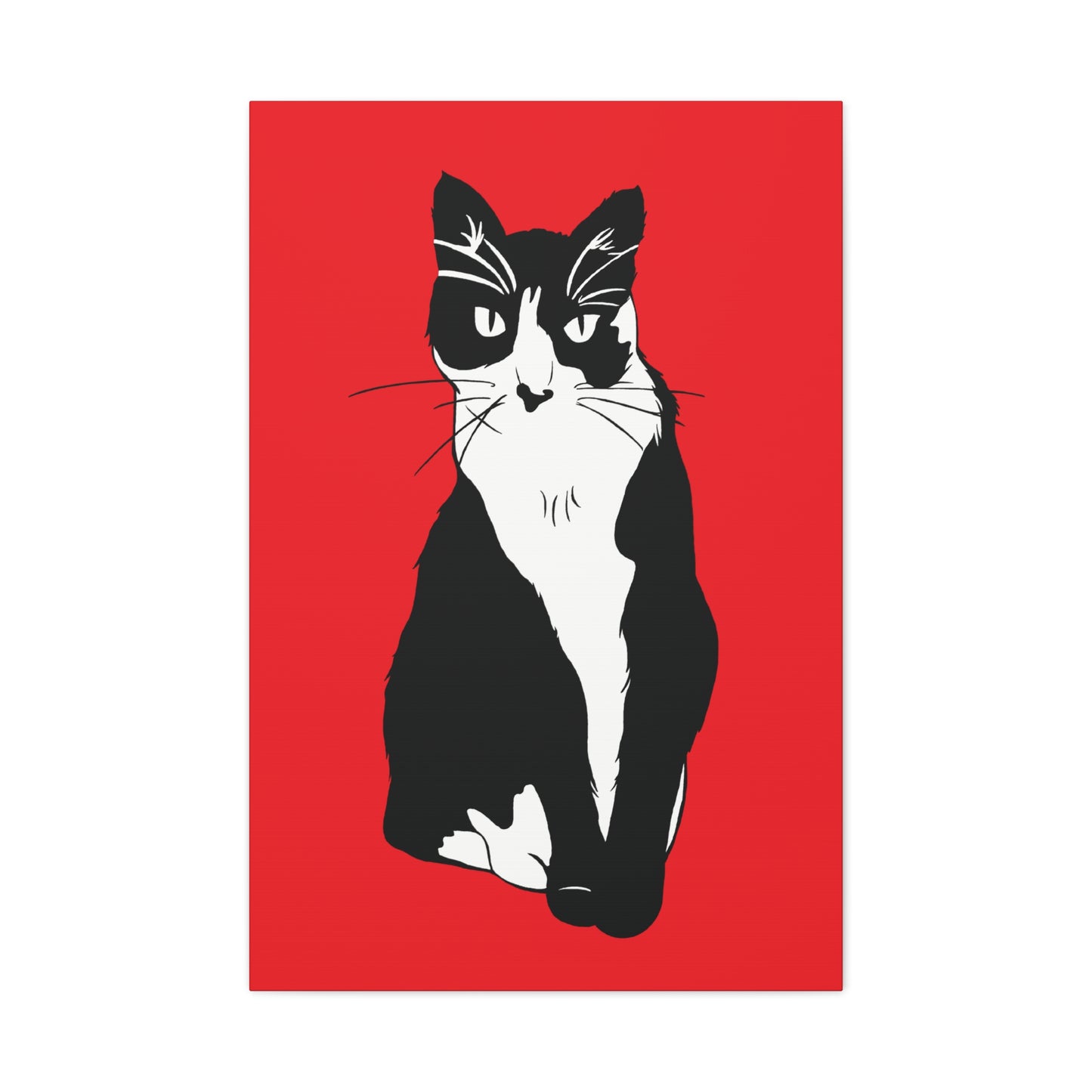 Cat Canvas on Red (B&W Style Cat) - Cat Drawing Art