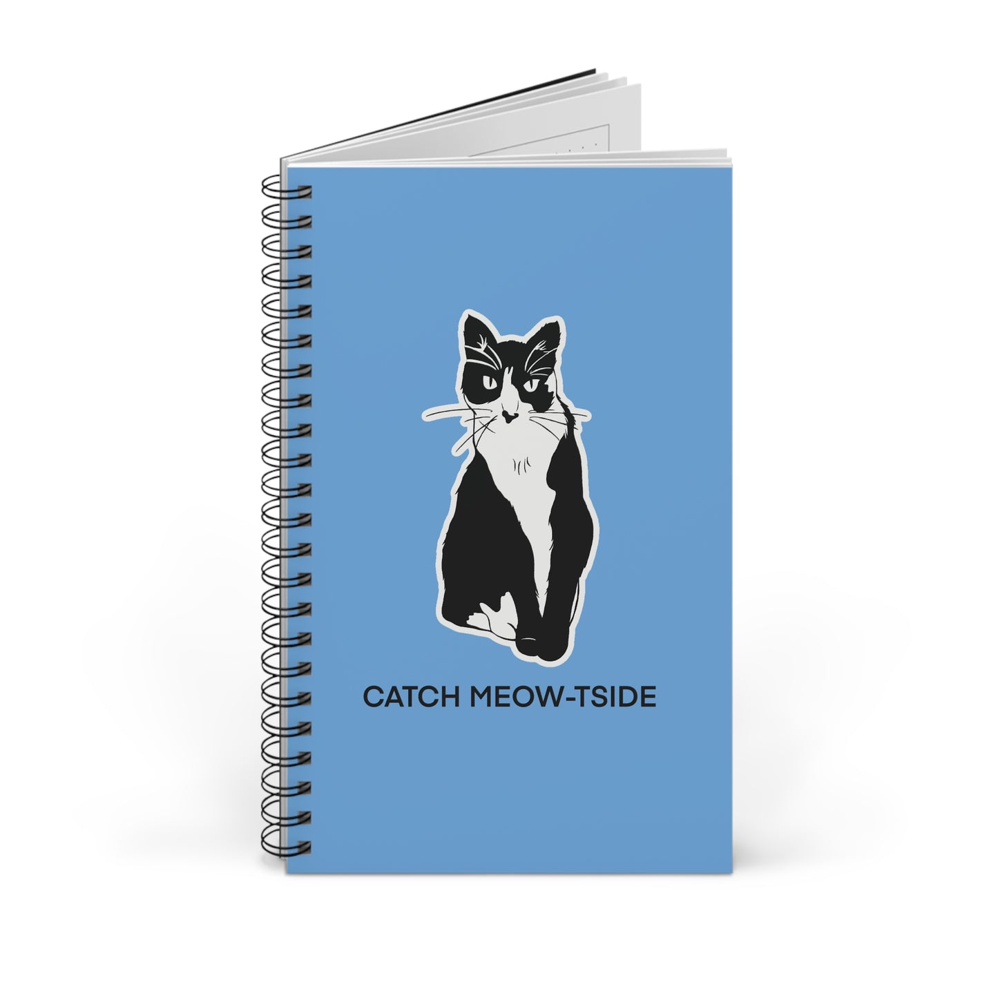 Catch Meow-tside Notebook in Light Blue (Sticker Style Cat with Black Writing) - Cat Spiral Notebook