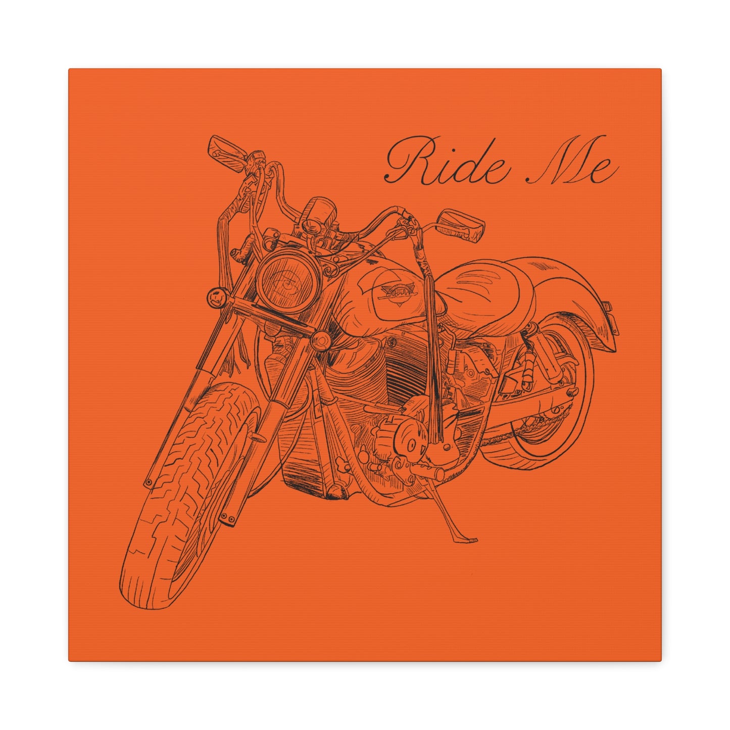Ride Me Harley Motorcycle Sketch Canvas Print - Black Ink on Orange Background