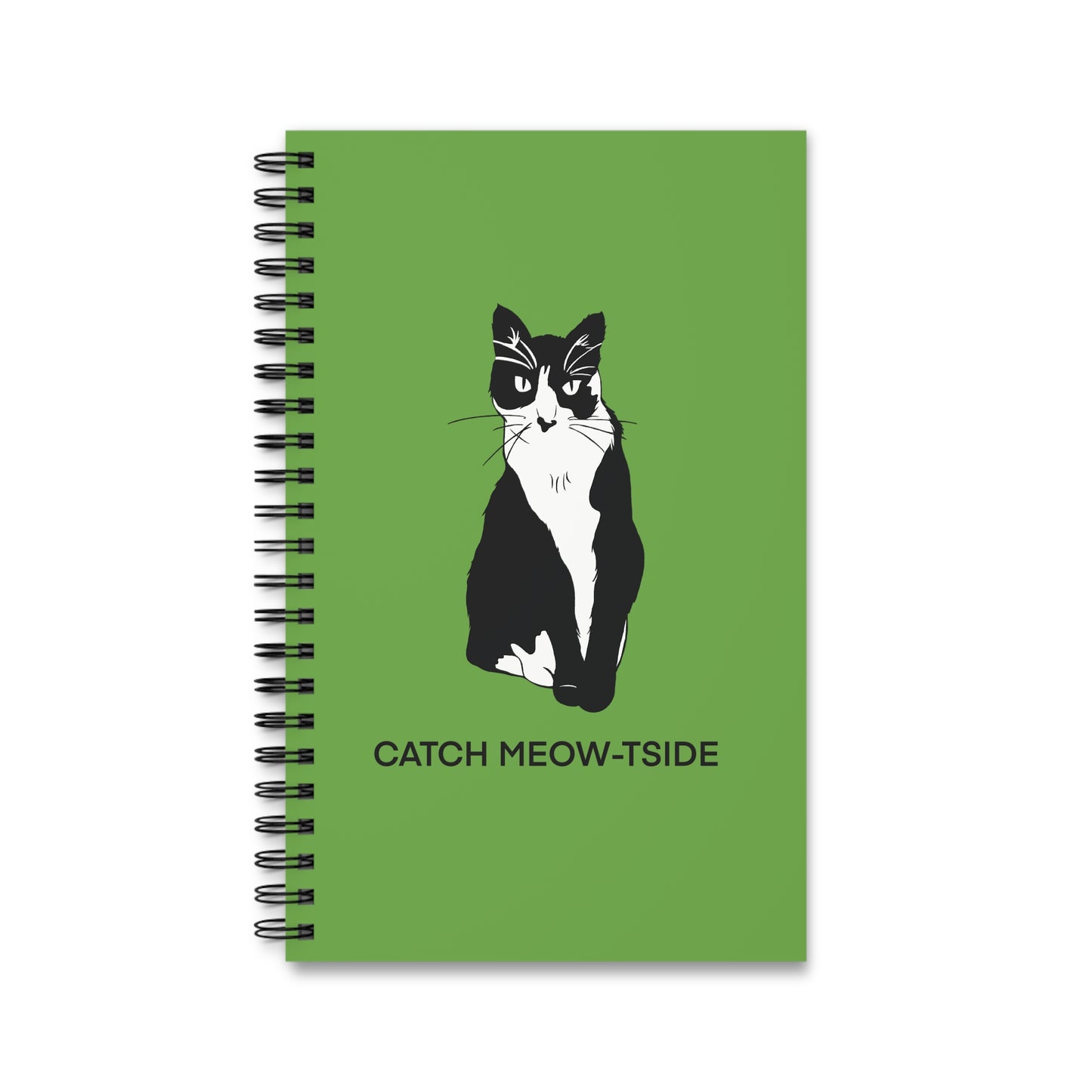 Catch Meow-tside Notebook in Green (B&W Style Cat) - Cat Spiral Notebook
