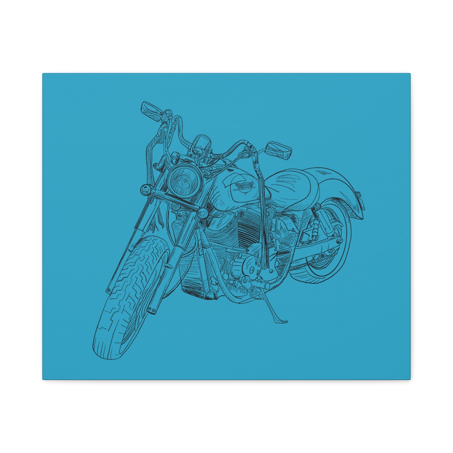 Ride Me Harley Motorcycle Sketch Canvas Print - Black Ink on Turquoise Background